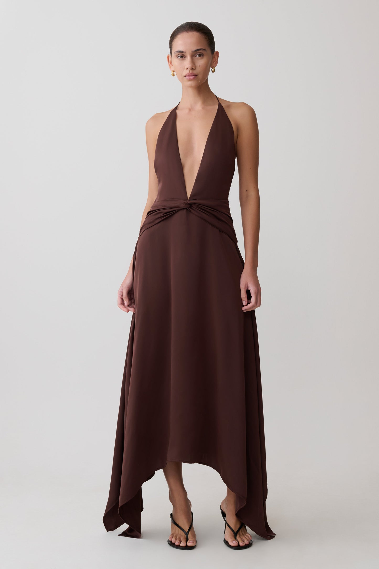 Cyra Plunge Satin Midi Dress - Dark Chocolate