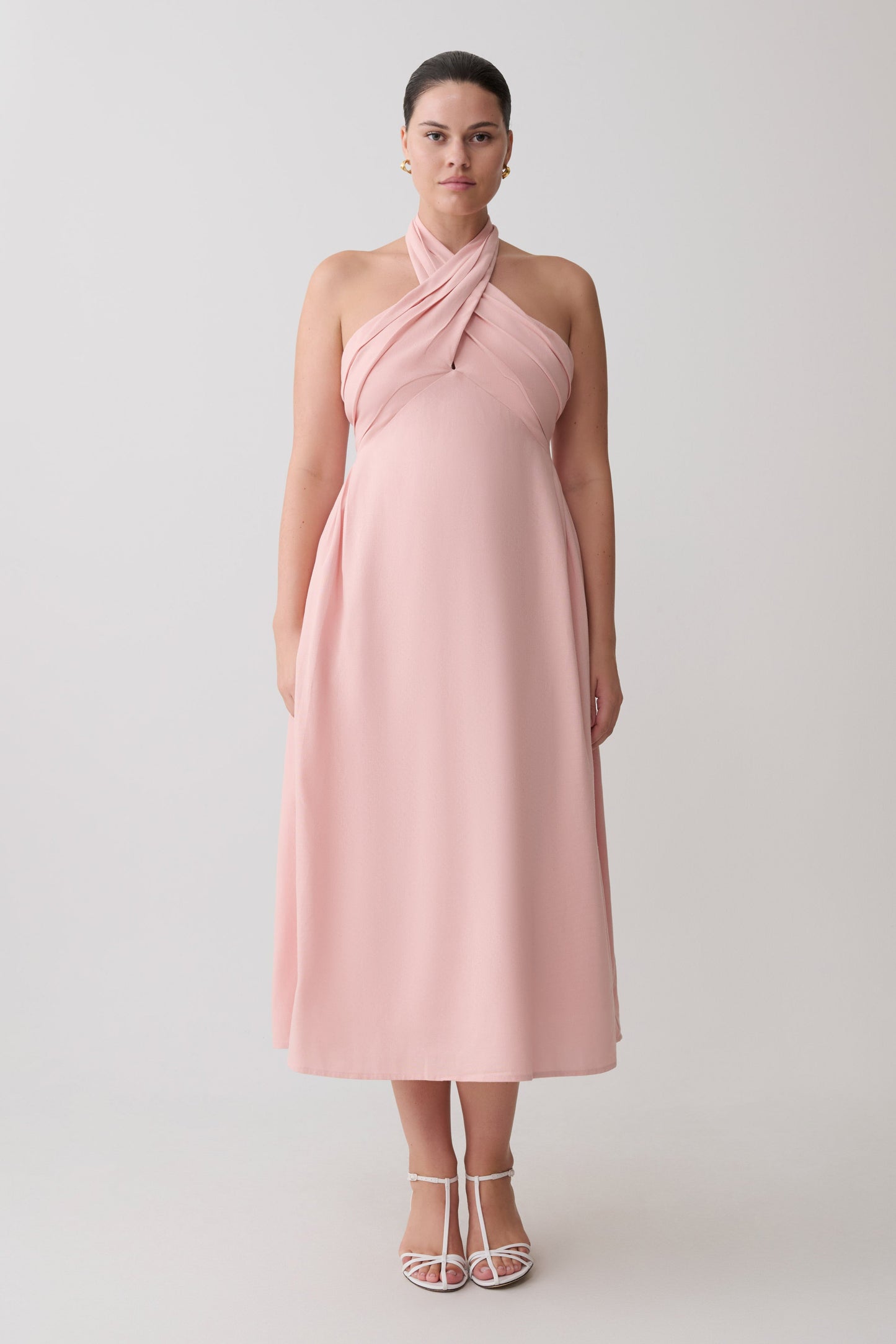 Rosie Linen Halter Midi Dress - Pink