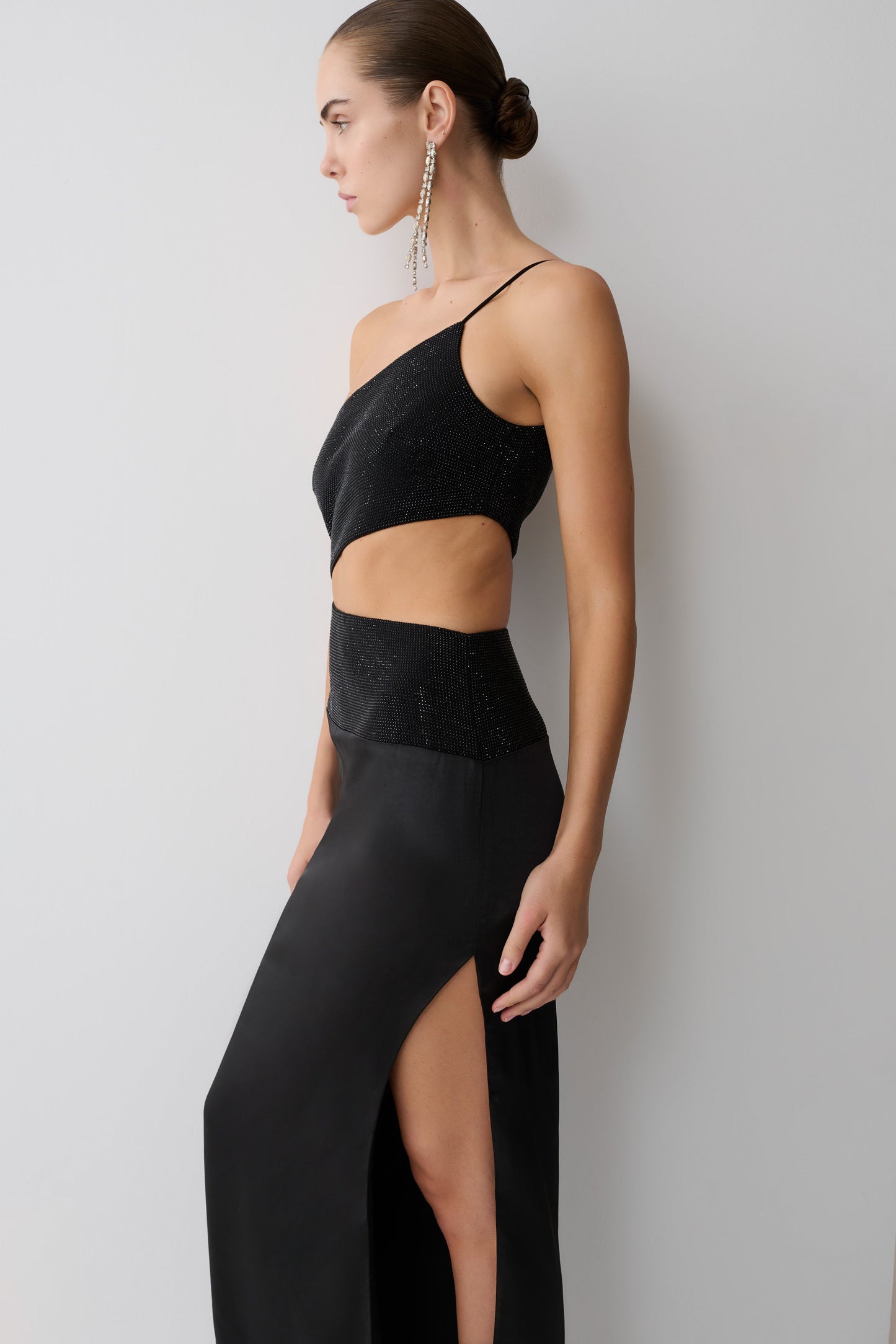 Athena One Shoulder Diamante Maxi Dress - Black