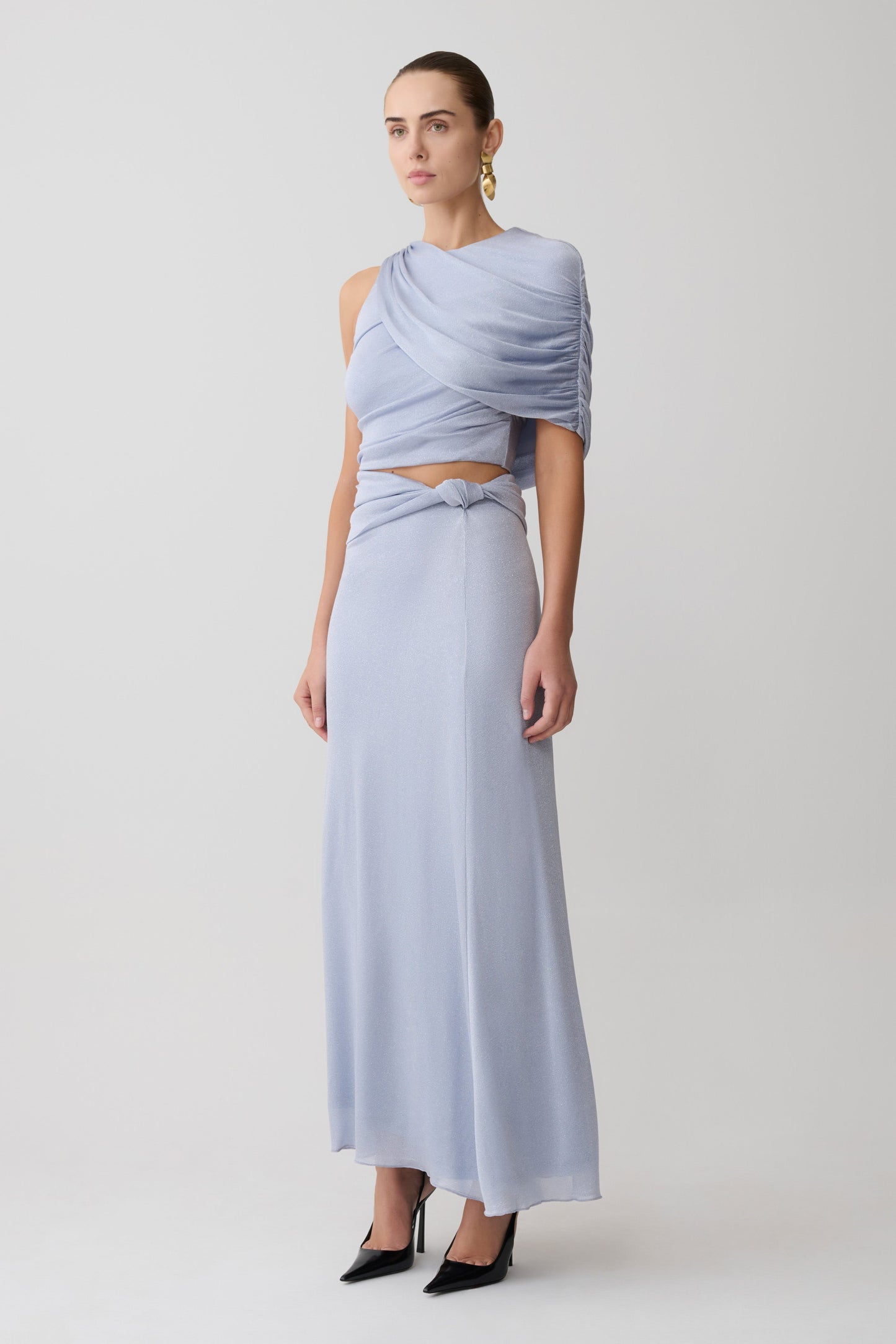 Adrienne Lurex Knot Maxi Skirt - Pastel Blue