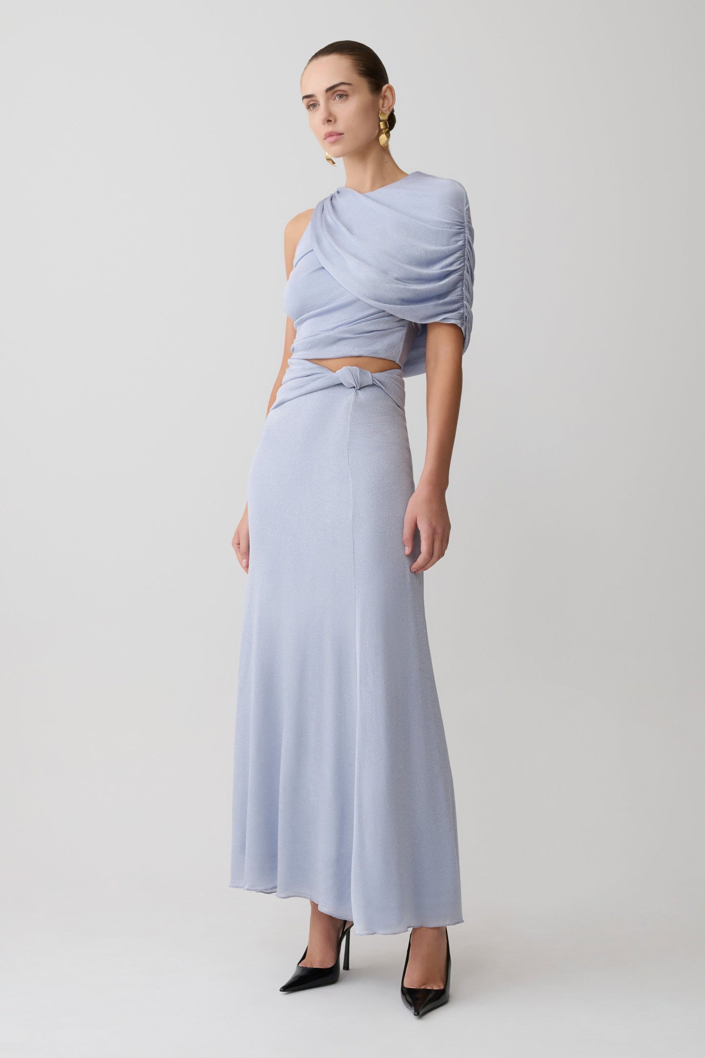 Adrienne Lurex Knot Maxi Skirt - Pastel Blue