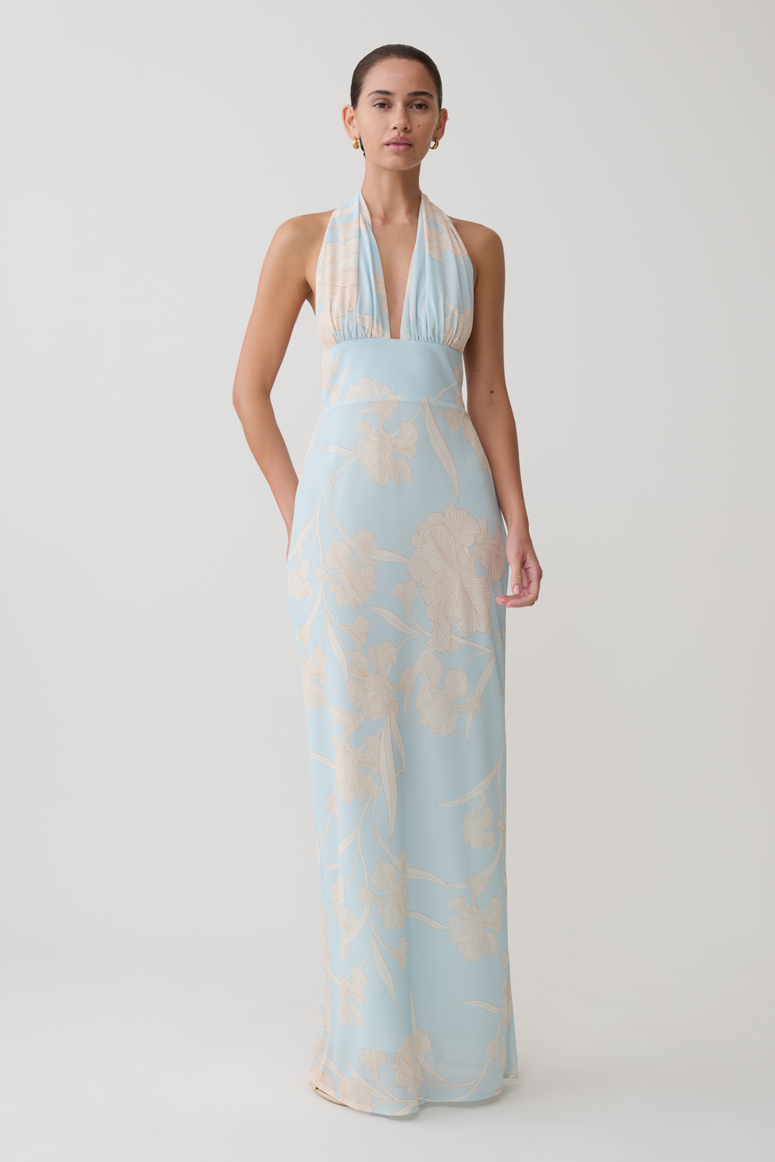 Nadine Halter Scarf Chiffon Maxi Dress / Blue Floral Print | MESHKI