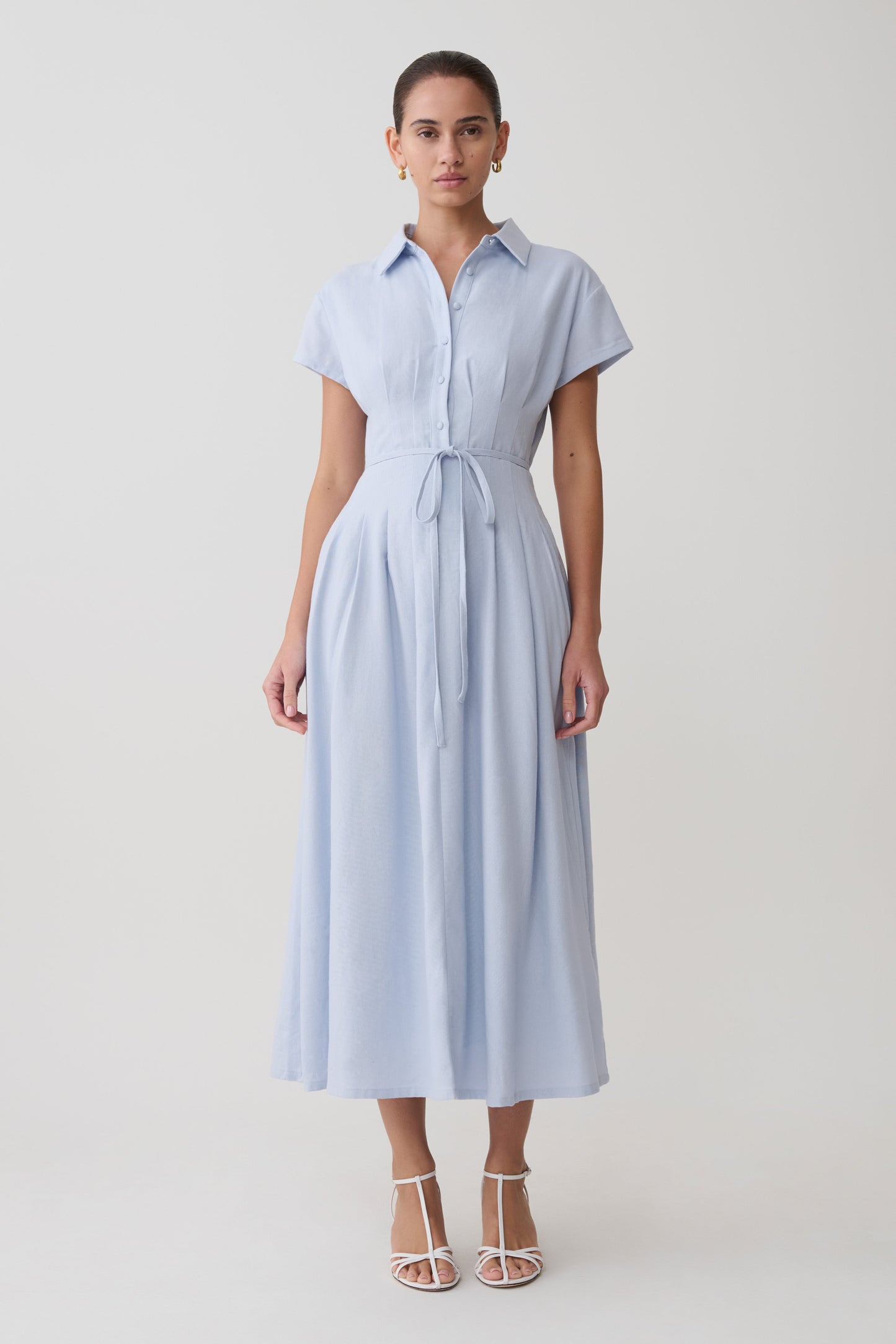 Aysha Buttoned Linen Midi Dress - Cornflower Blue