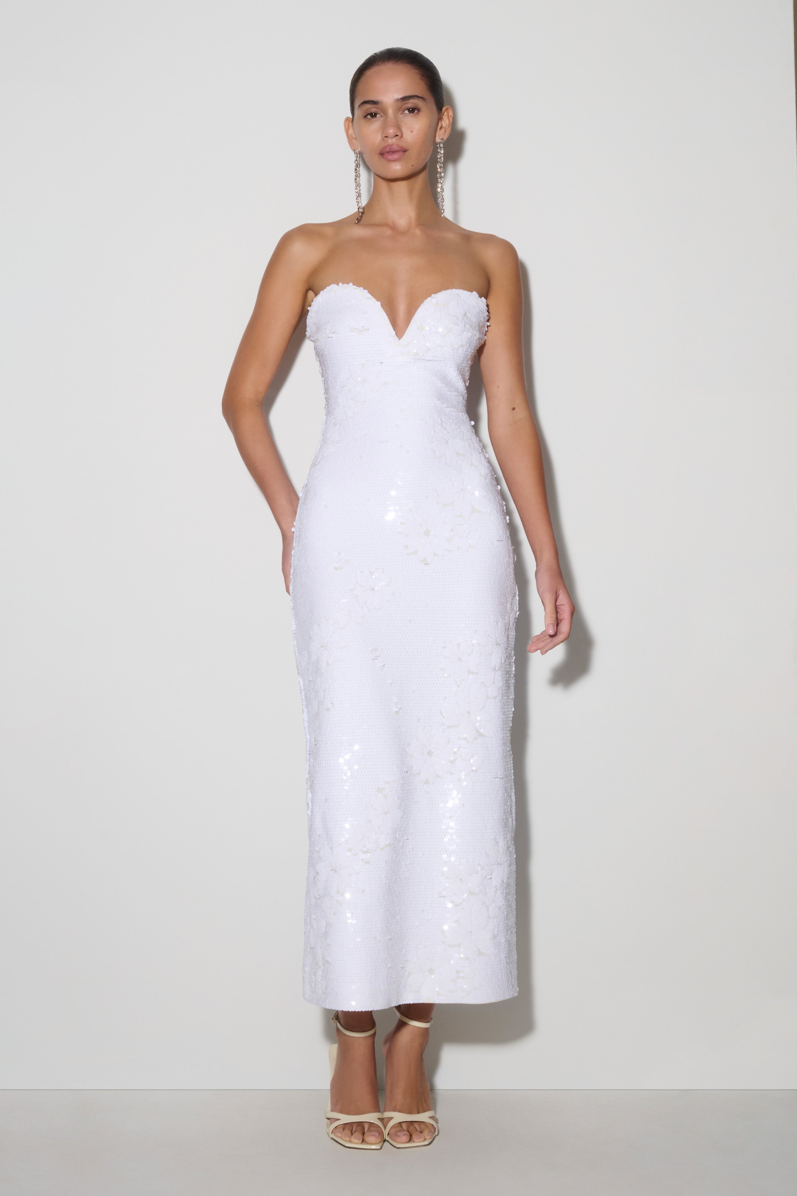 Maisie Strapless Sequin Midi Dress / White | MESHKI