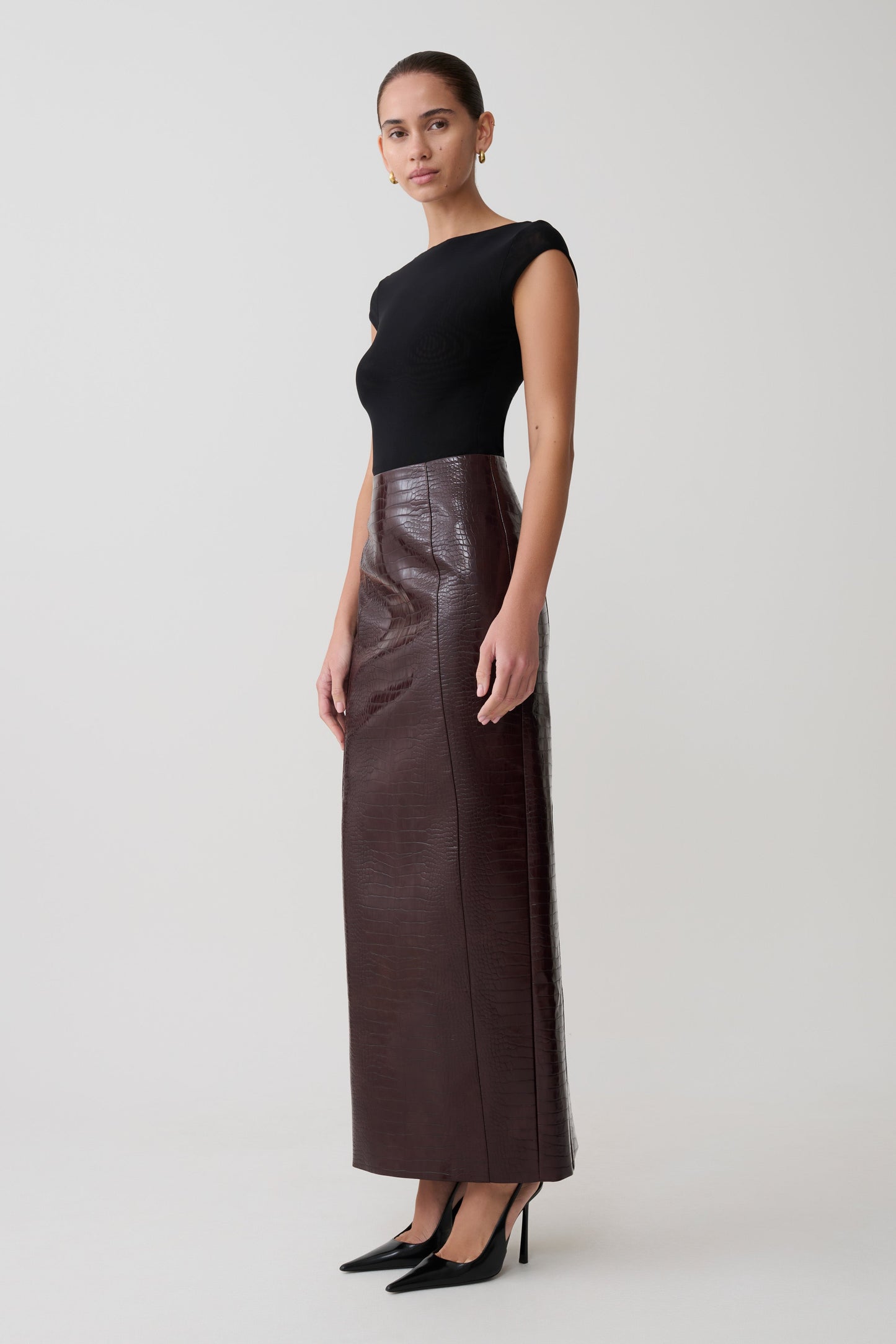 Thalia Croc Faux Leather Midi Skirt - Merlot