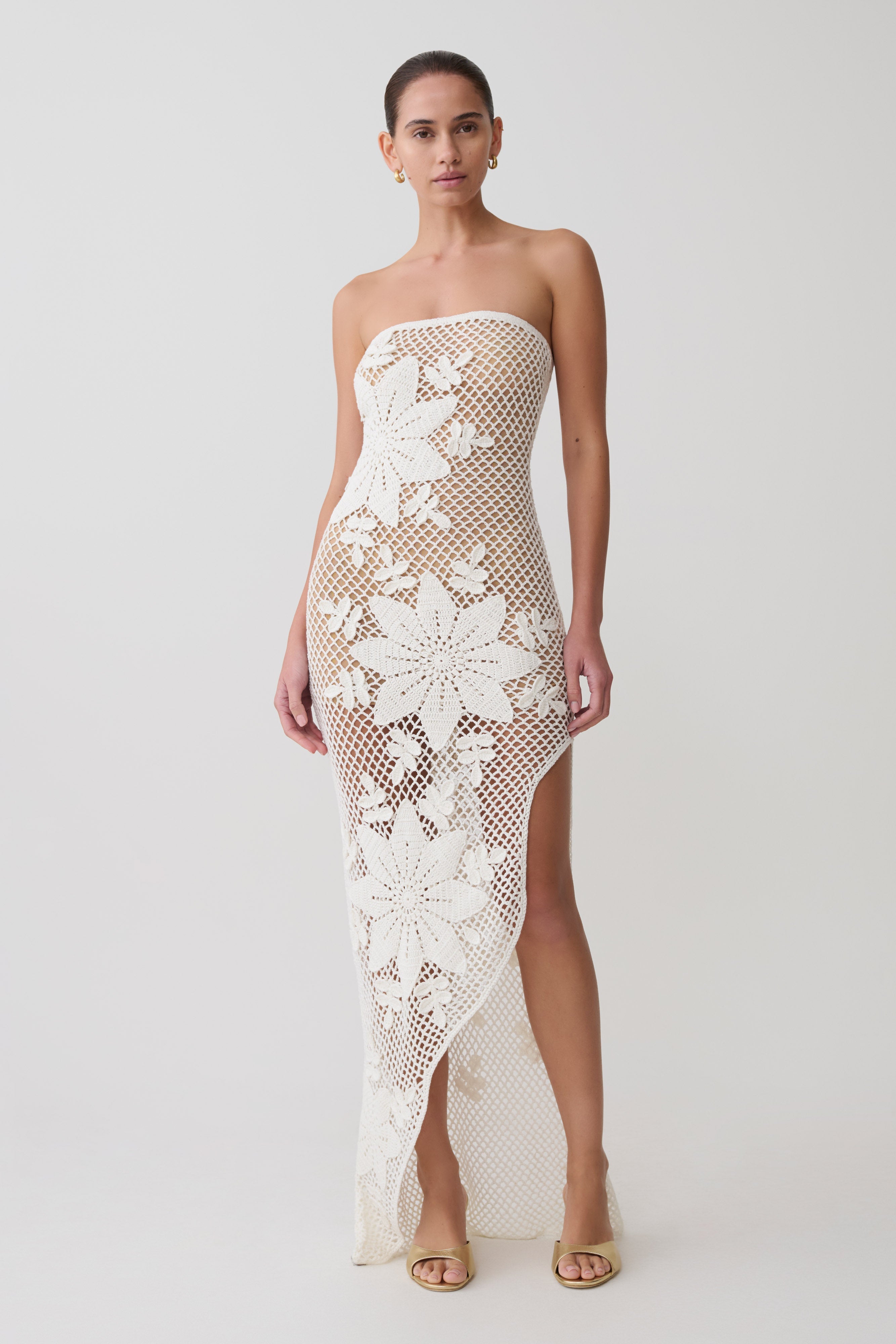 Mandie Hand Crochet Asymmetrical Maxi Dress - White | MESHKI US Mandie Hand Crochet Asymmetrical Maxi Dress - White | MESHKI US