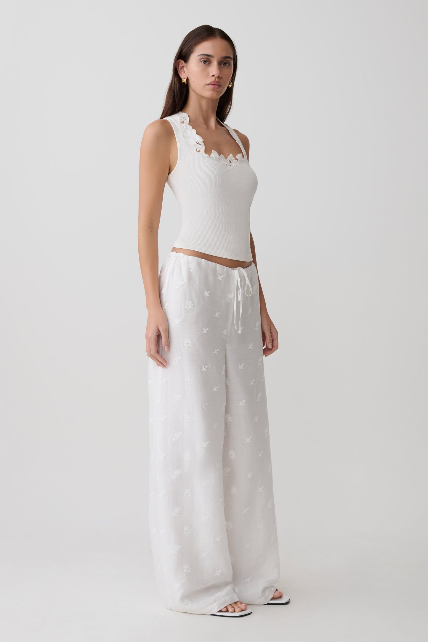 Vianna Broderie Ribbed Tank Top - Ivory