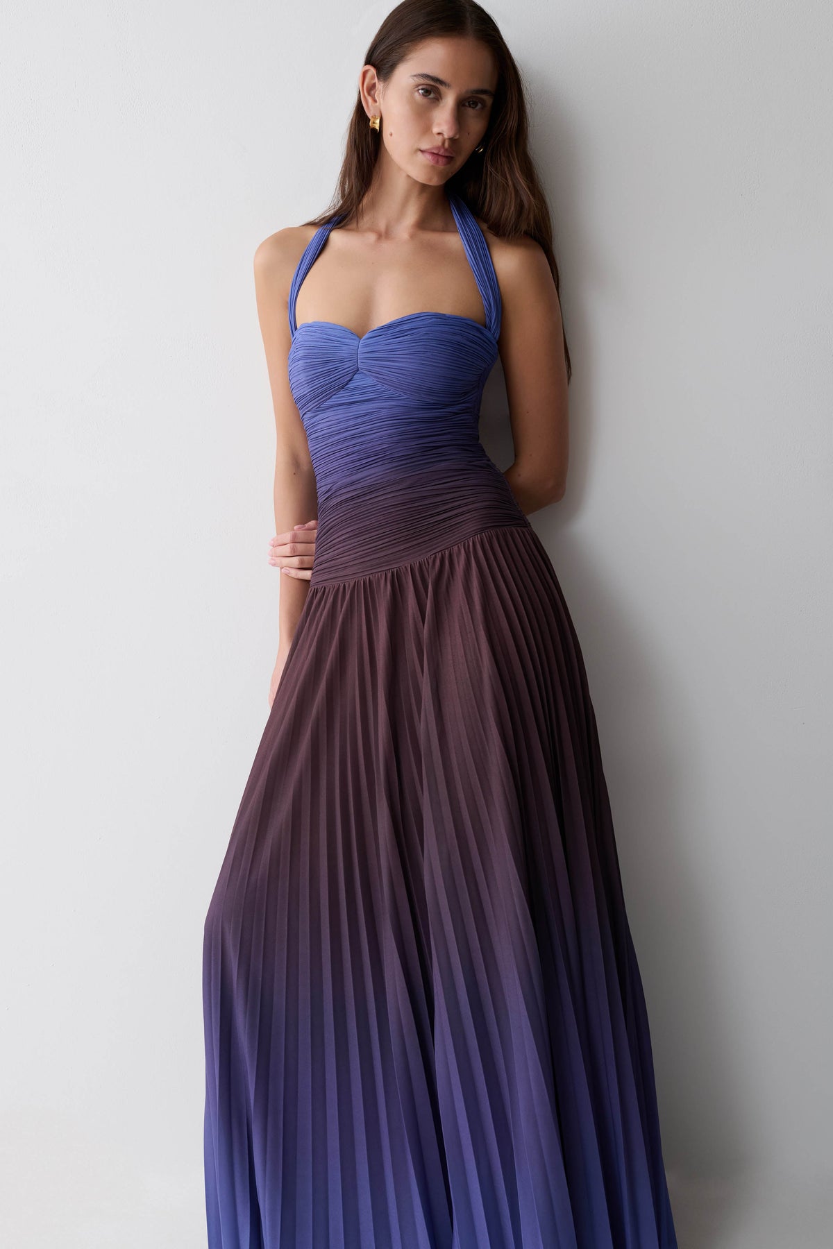 Azizi Pleated Halter Maxi Dress - Chocolate & Blue Ombre Print