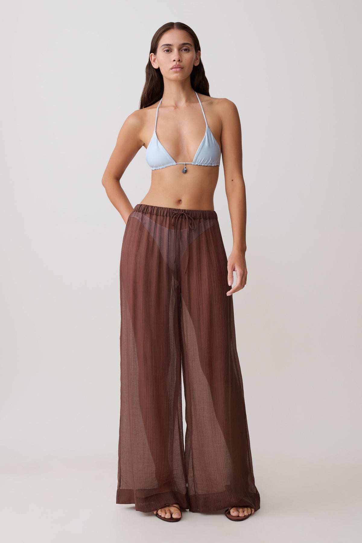 Leilani Sheer Drawstring Wide Leg Pants - Chocolate