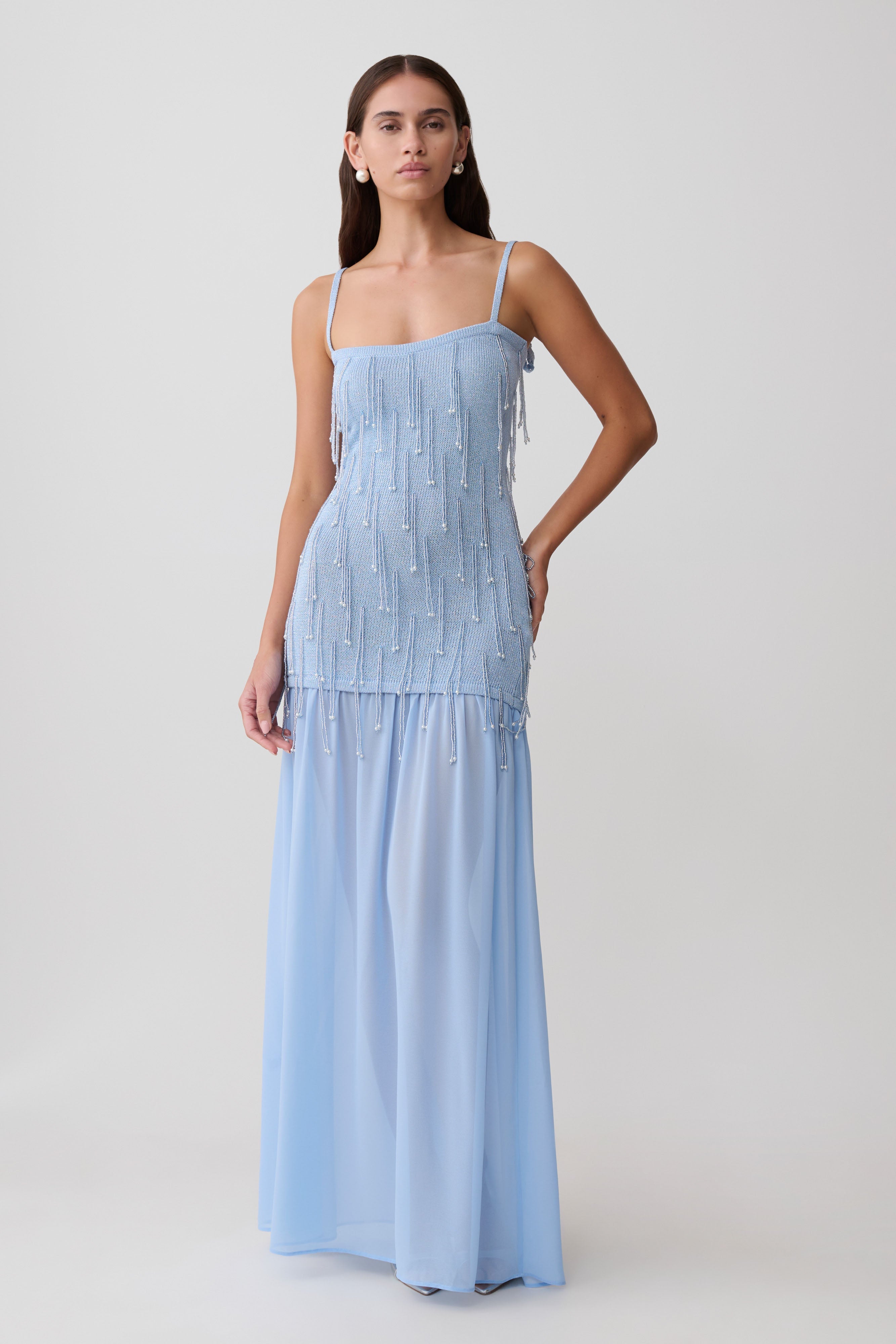 Belinda Beaded Knit & Chiffon Maxi Dress / Light Blue | MESHKI