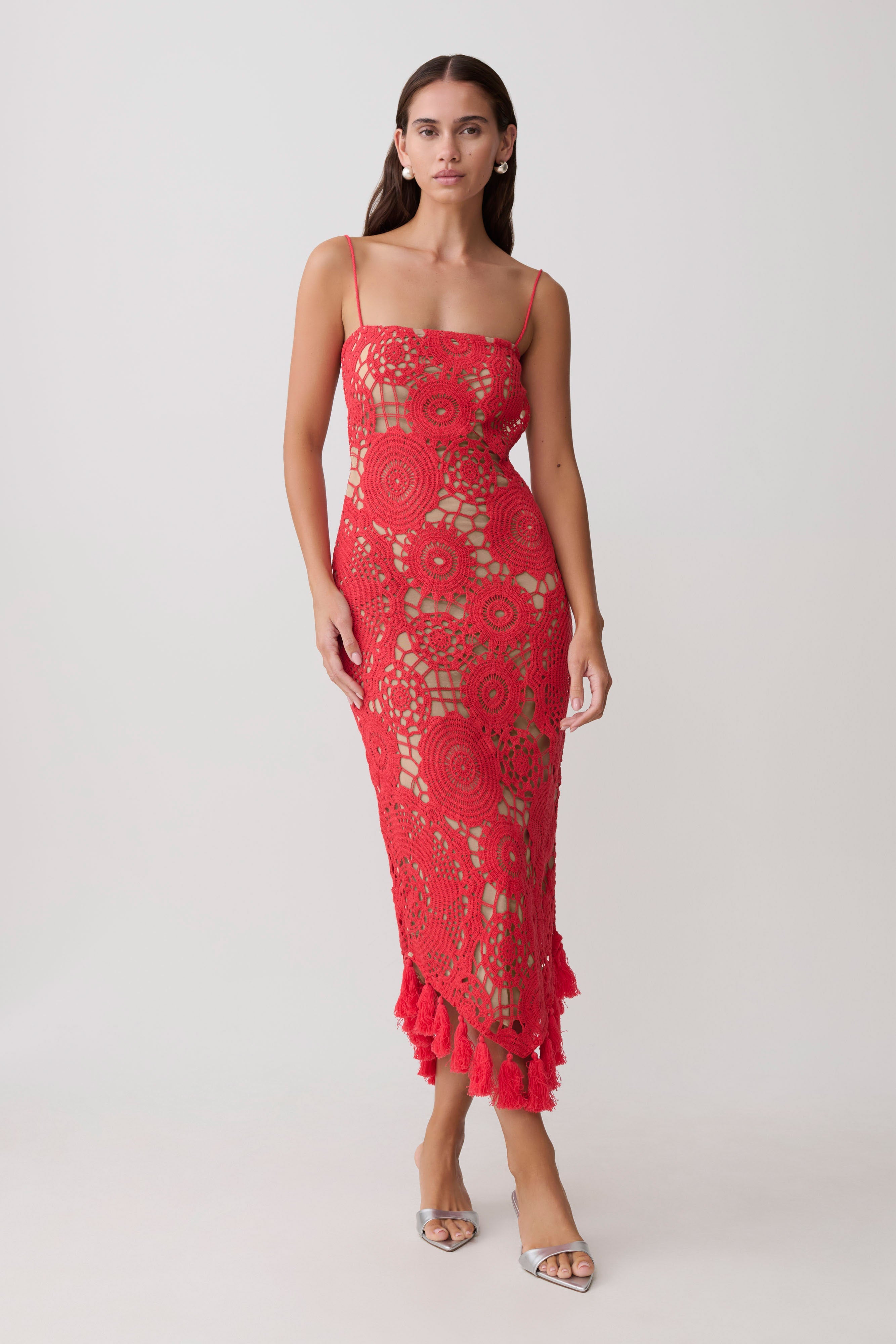 Delta Crochet Halter Midi Dress / Red | MESHKI