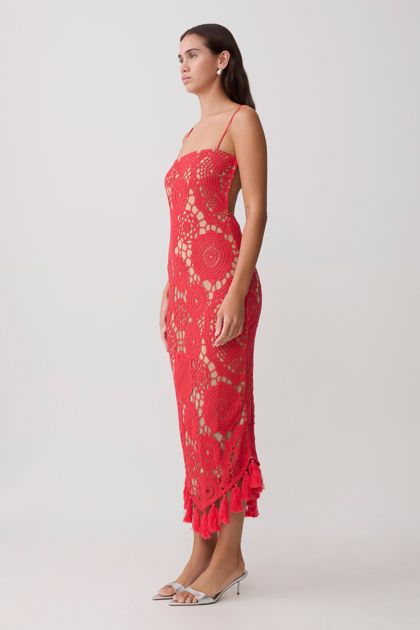 Delta Crochet Halter Midi Dress - Red