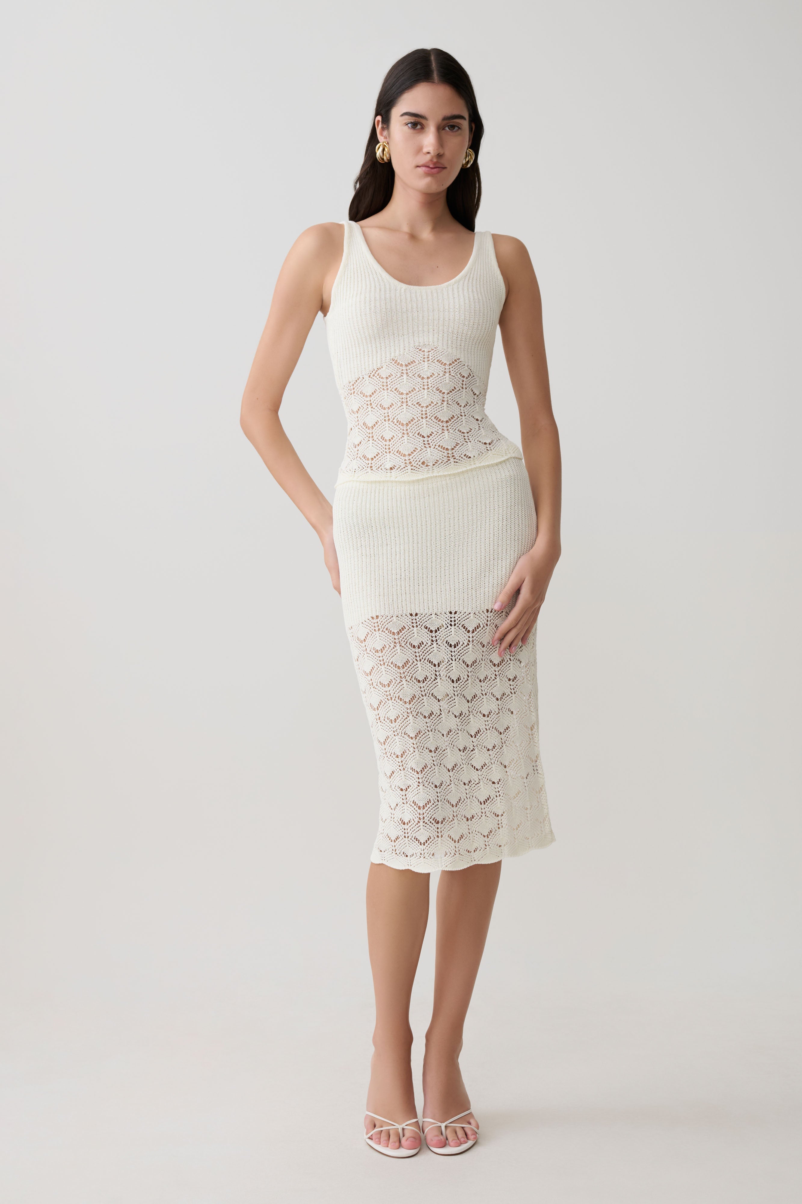 Atlantis Crochet Knit Midi Skirt - White | MESHKI US
