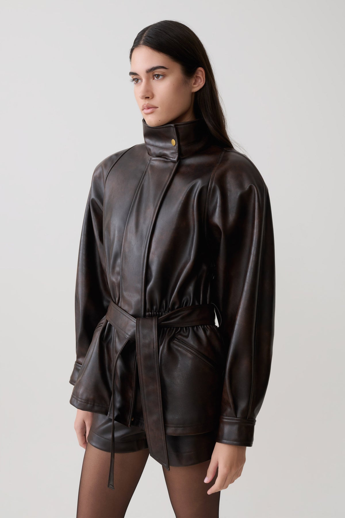 Adaline Faux Leather Cinch Waist Jacket - Dark Chocolate