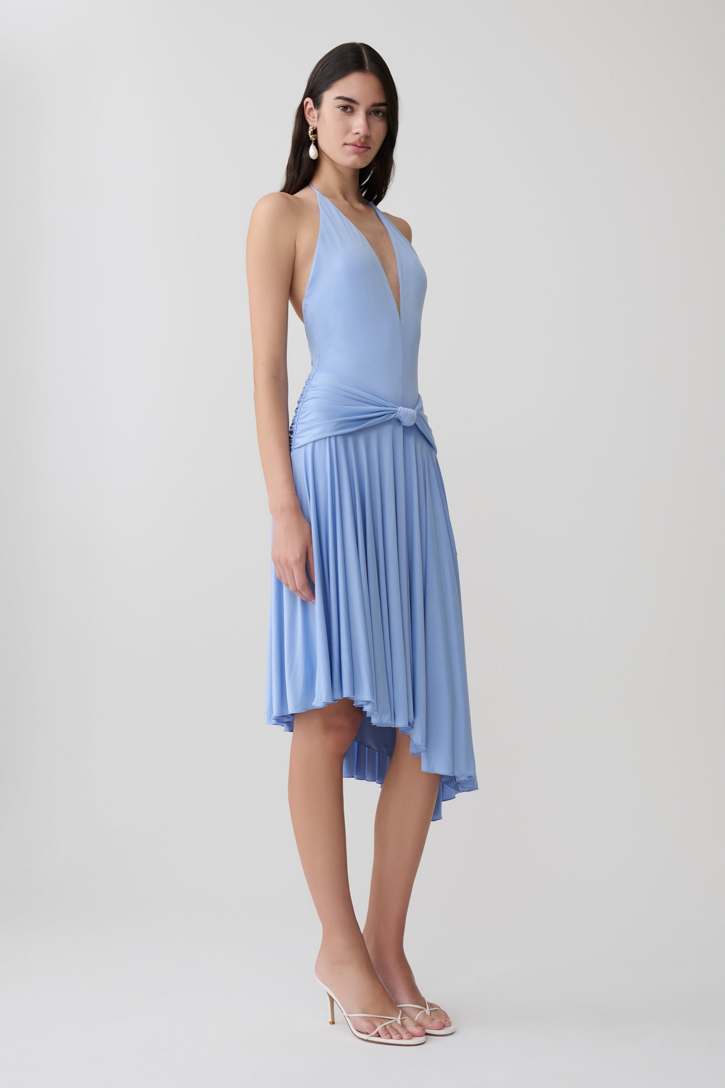 Zelda Asymmetric Slinky Midi Dress - Cornflower Blue