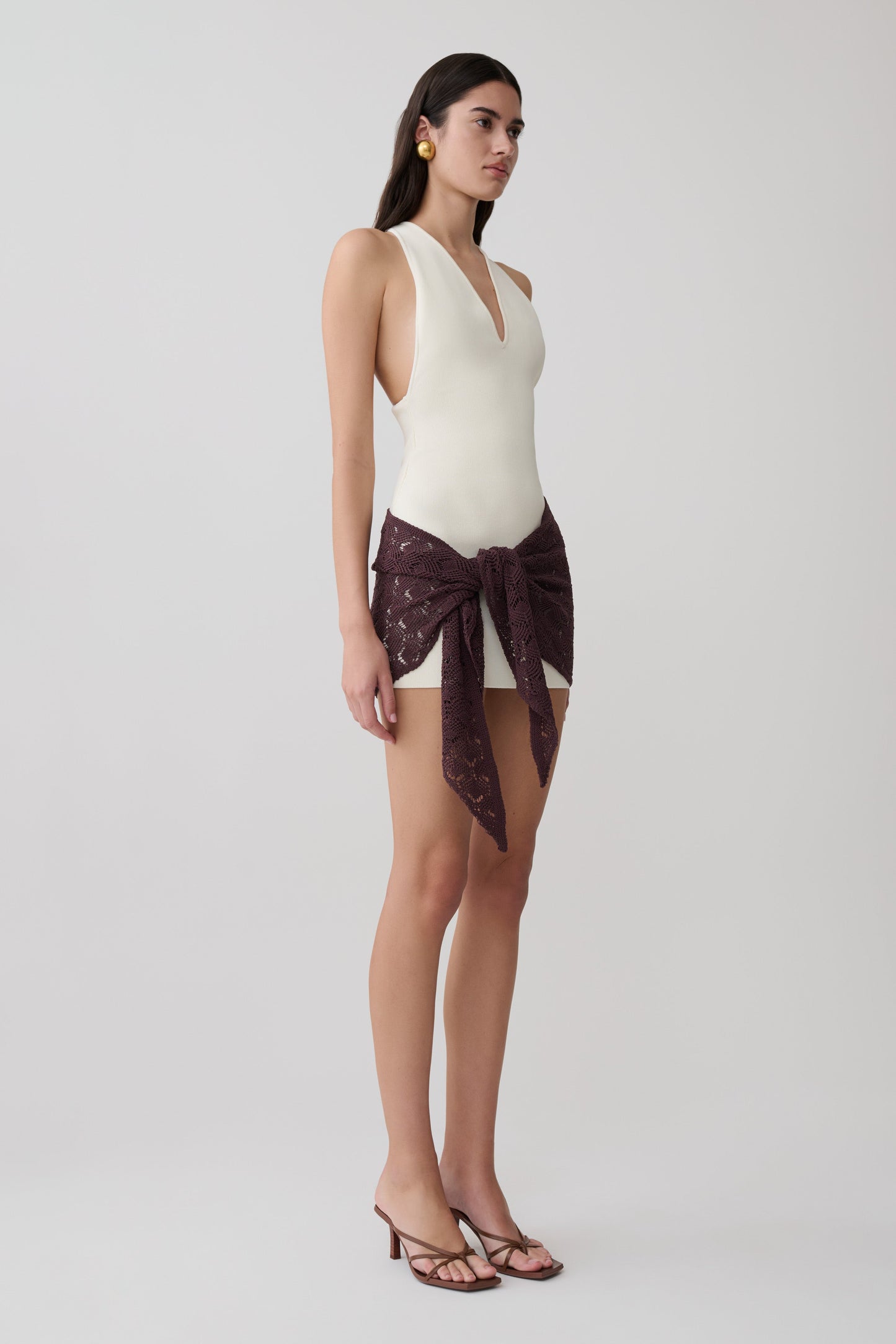 Mollie Mini Dress With Crochet Overlay - White & Chocolate