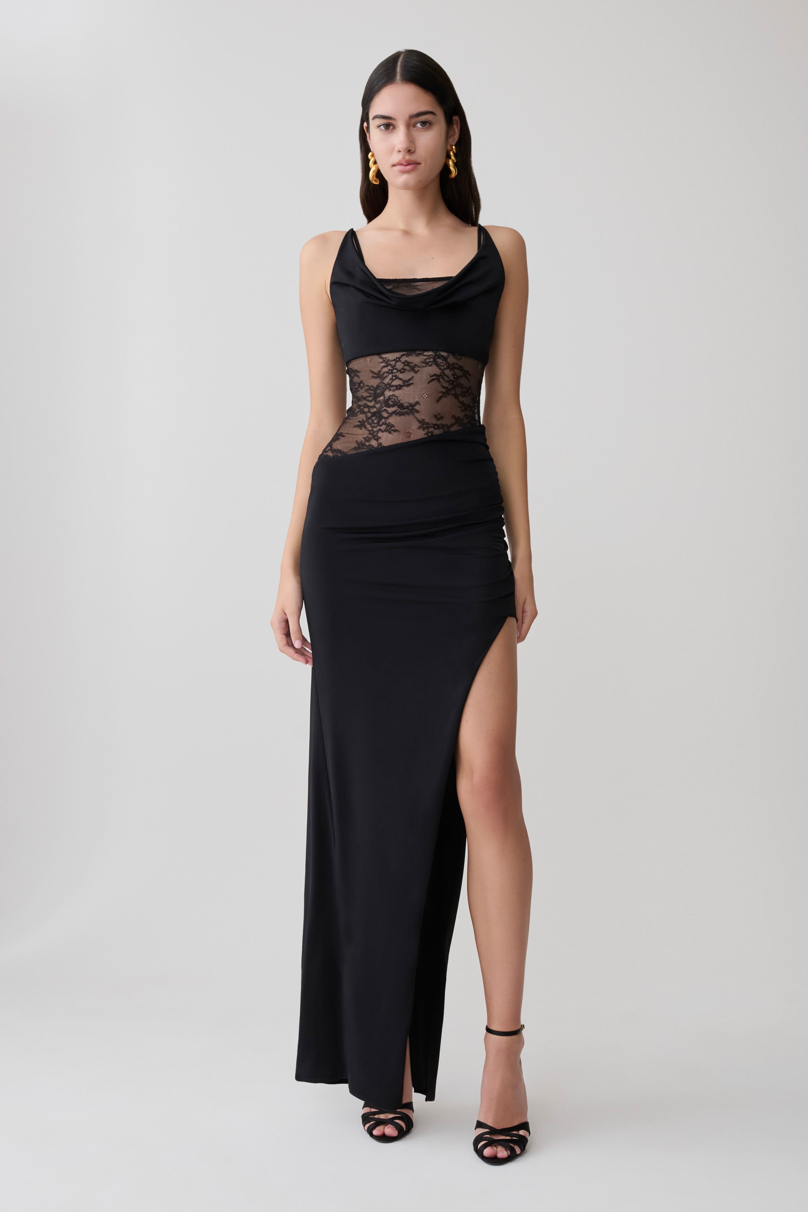 Kelela Draped Slinky And Lace Maxi Dress / Black | MESHKI