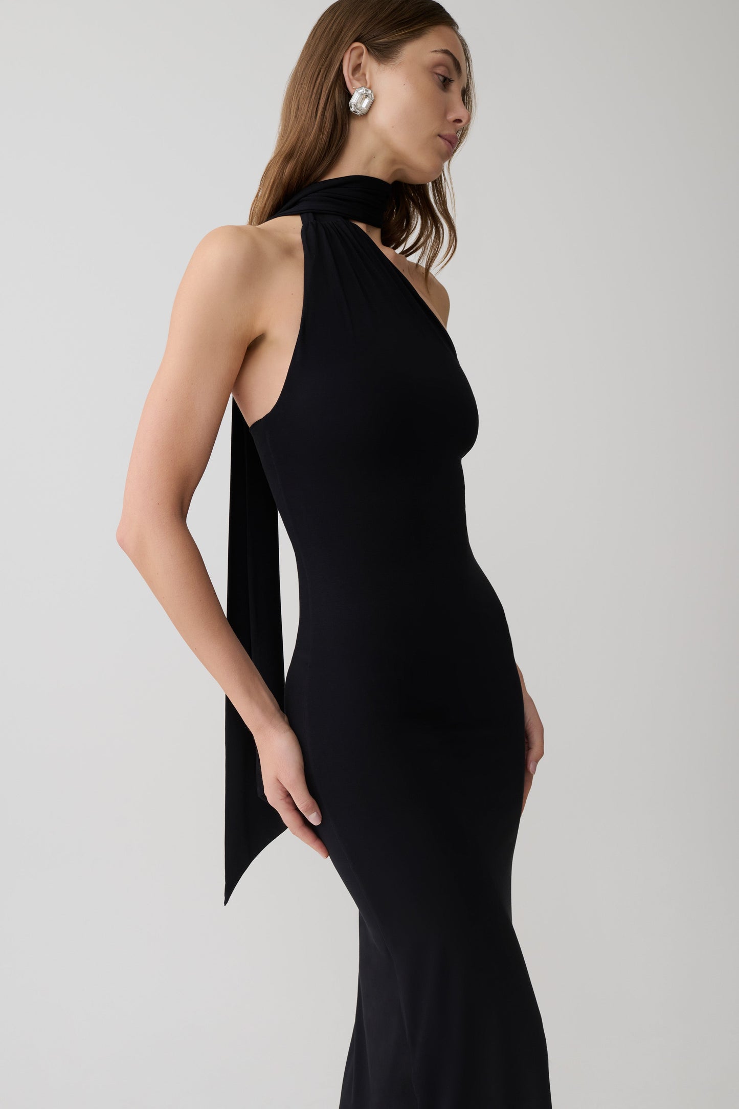 Jemma One Shoulder Tie Midi Dress - Black