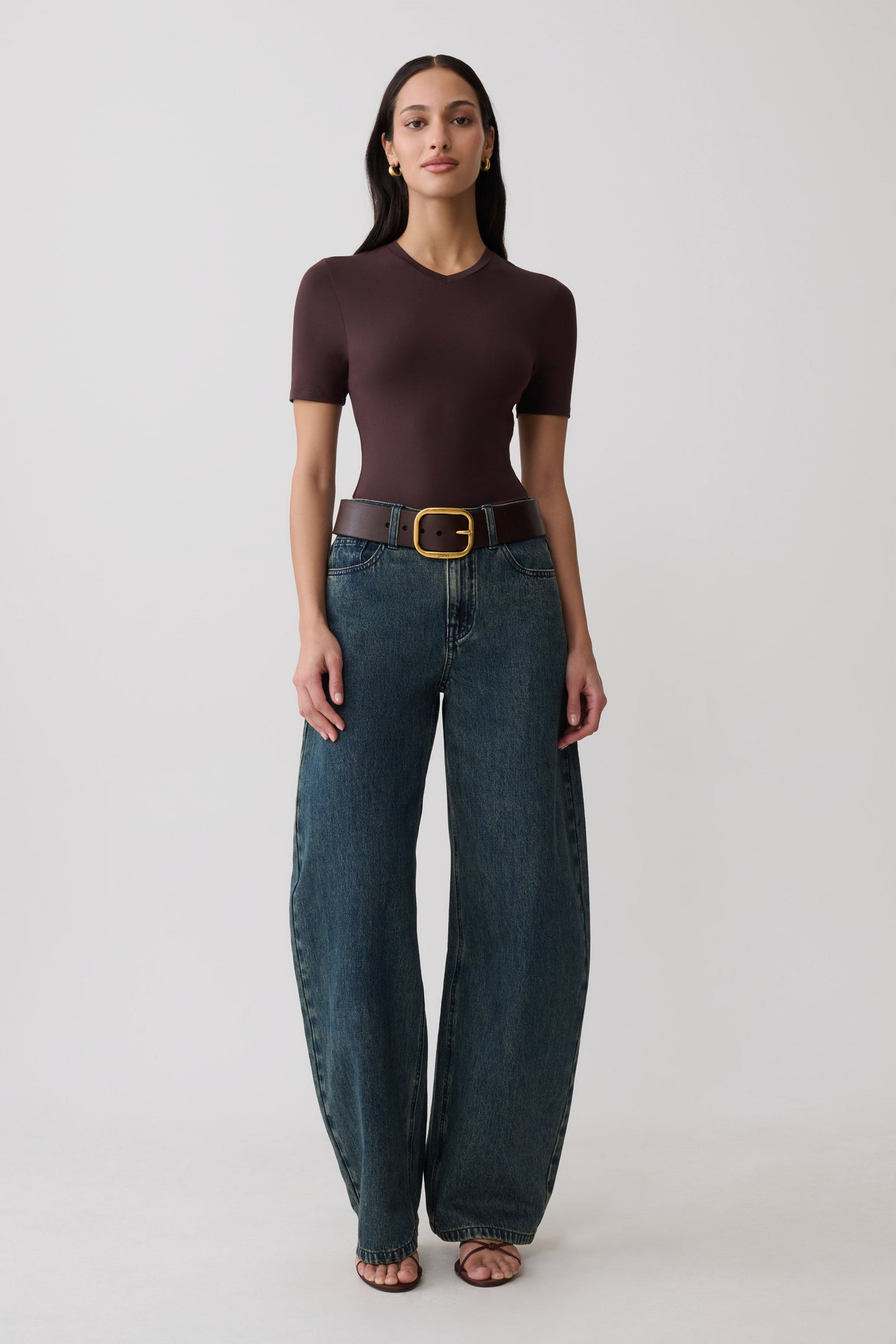 Janelle High V Neck Short Sleeve Top - Chocolate