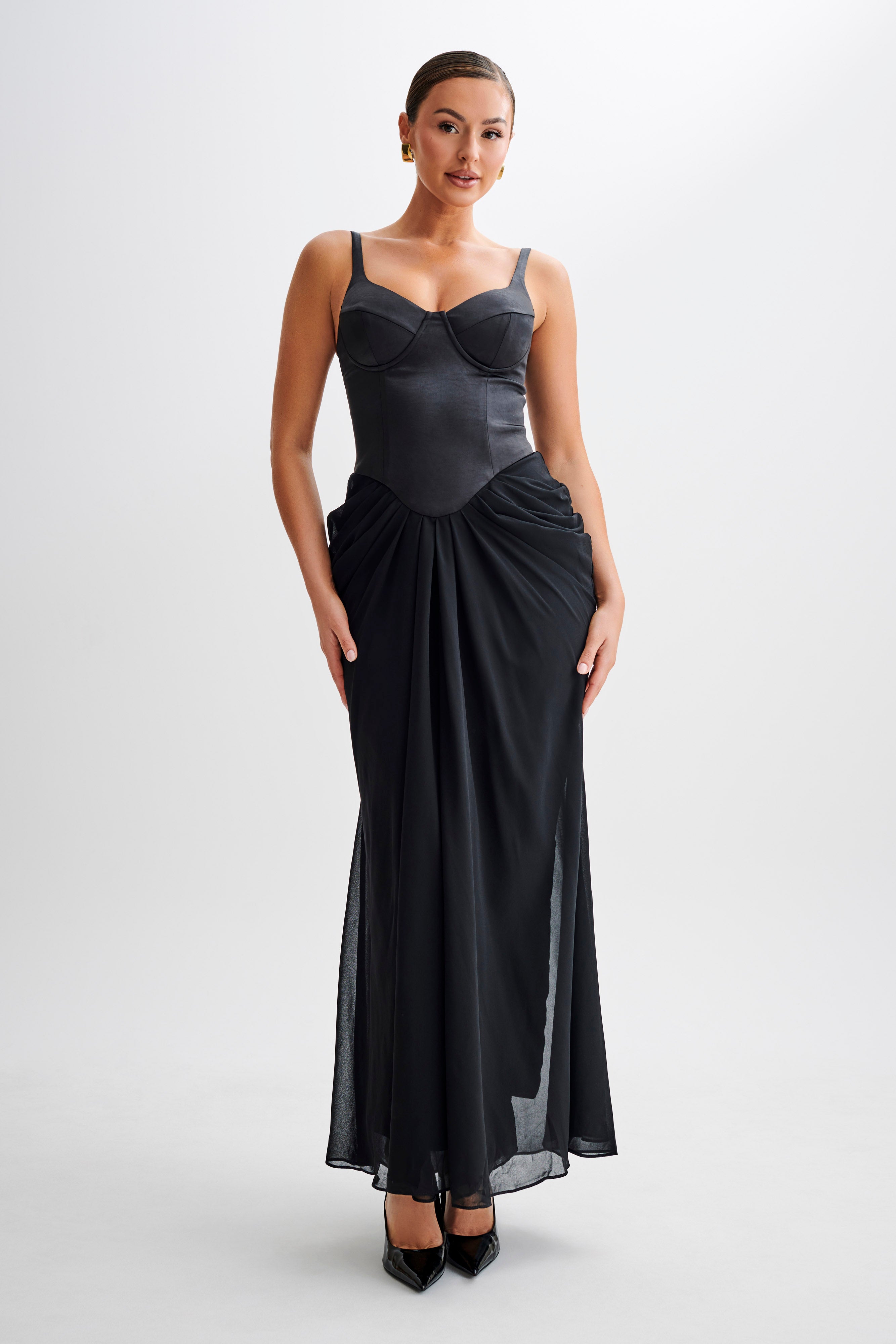 meshki black corset dress Cyrill Strapless Satin Structured Maxi Dress / Black | MESHKI