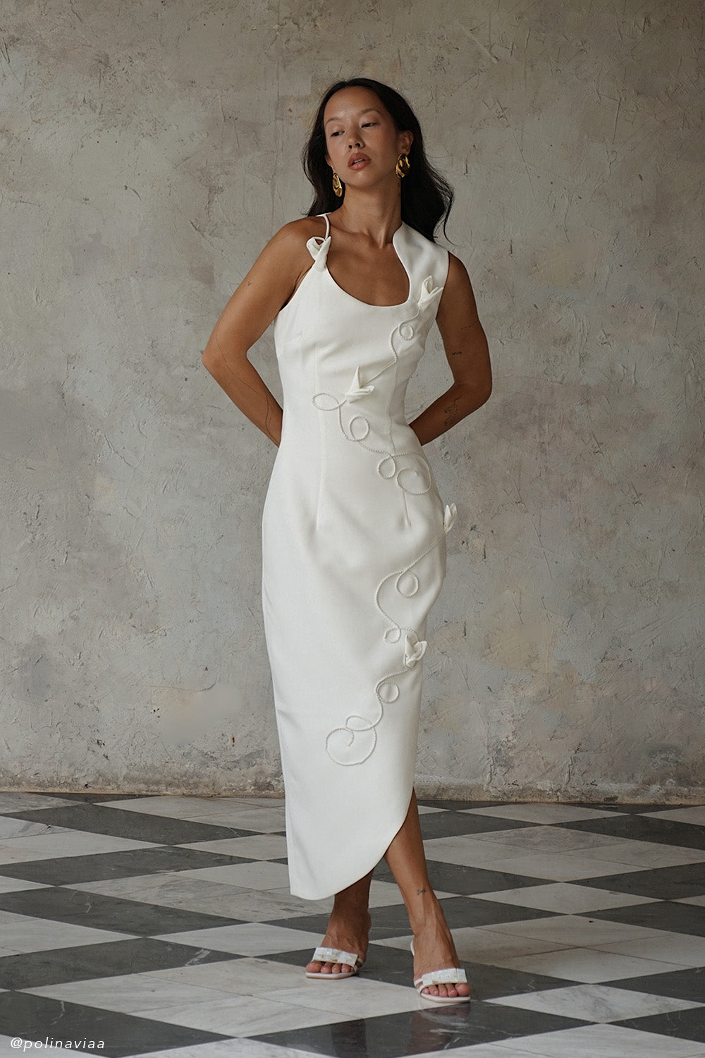 Virginia Suiting Embroidered Midi Dress - White