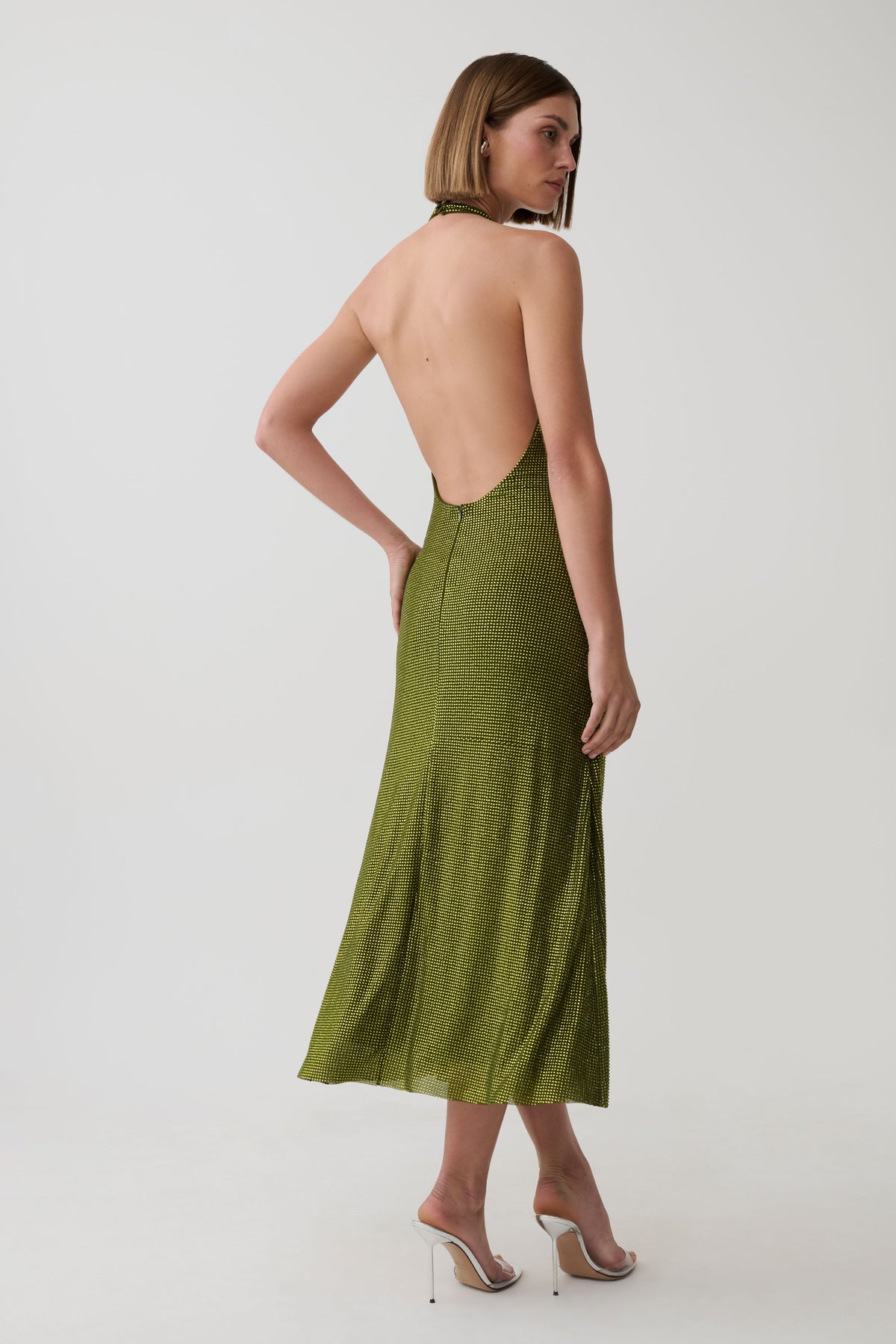 Genie Diamante Halter Midi Dress - Olive