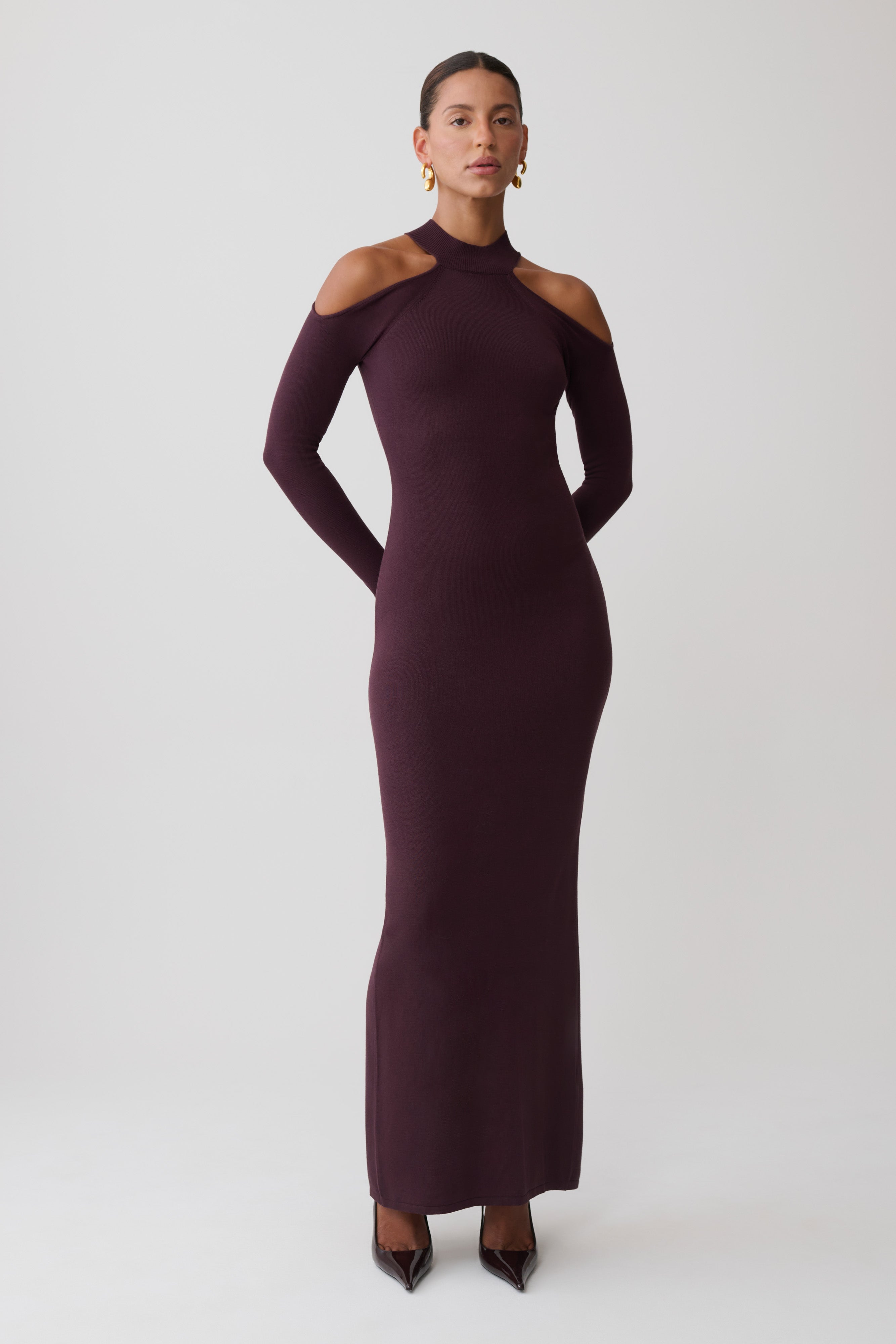 Emma Open Shoulder Maxi Knit Dress - Dark Chocolate | MESHKI US
