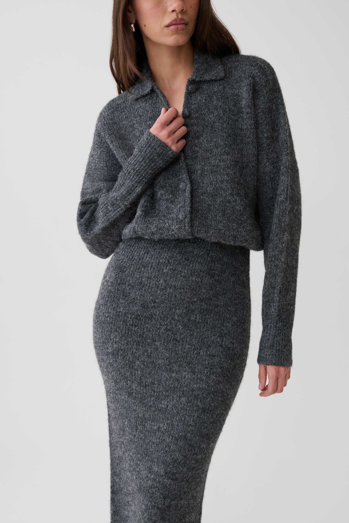 Simoney Long Sleeve Midi Knit Dress - Charcoal