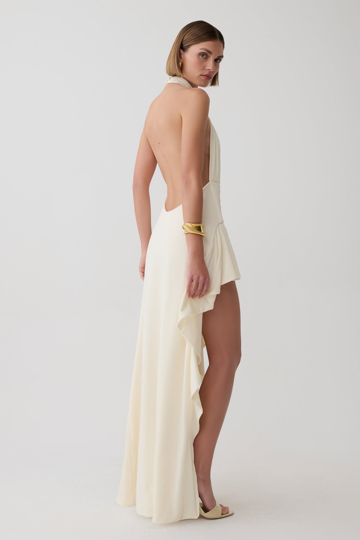 Andaluz High Neck Side Split Dress - Ivory