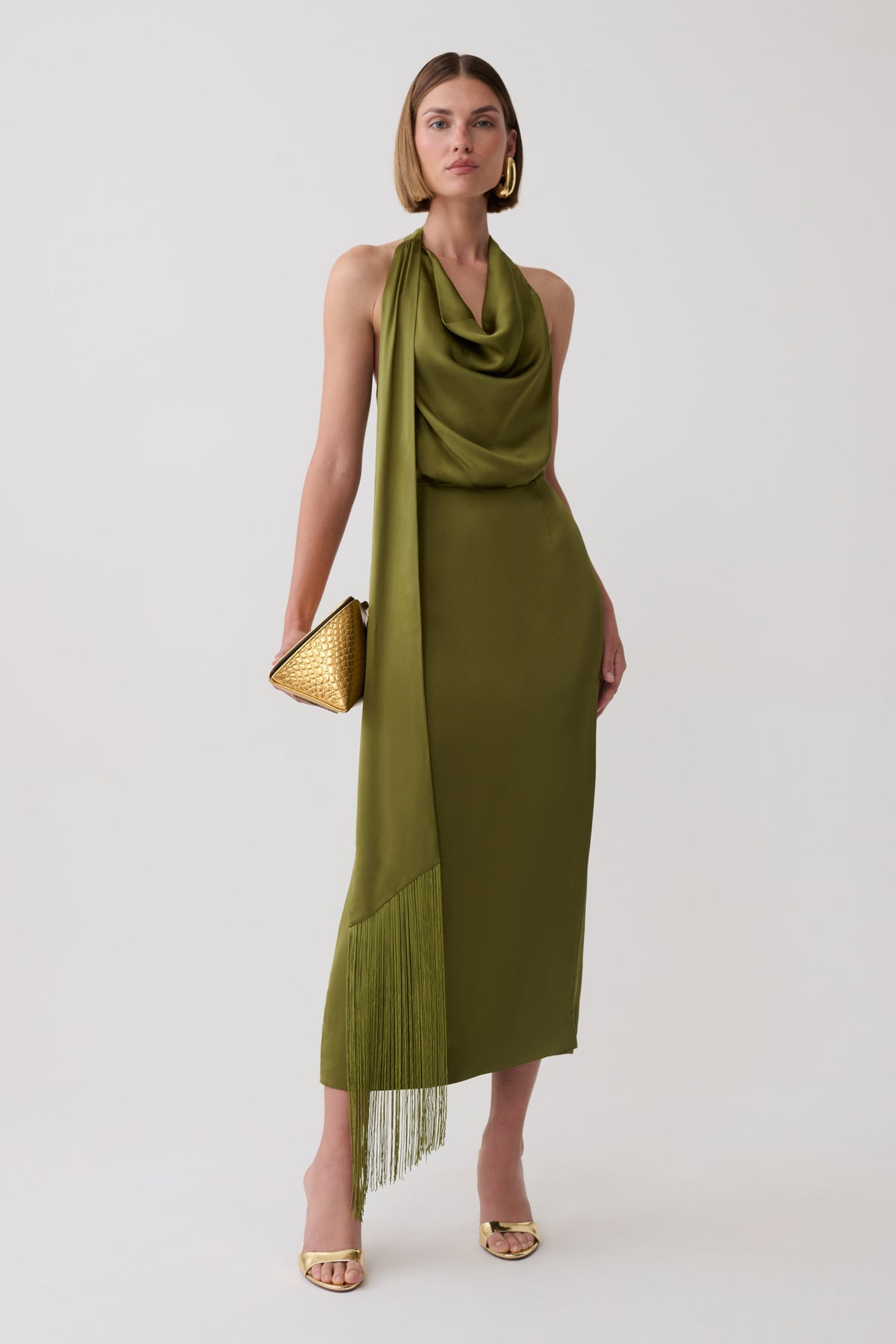 Keena Satin Midi Dress With Fringe Scarf - Olive