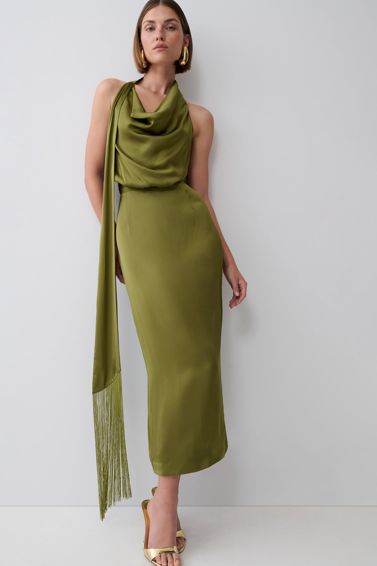 Keena Satin Midi Dress With Fringe Scarf - Olive