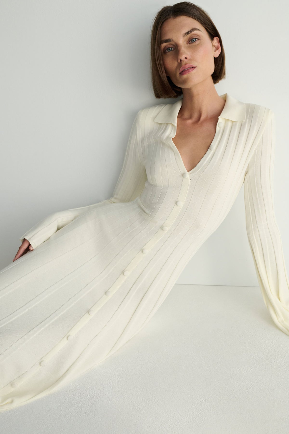 Maddie Long Sleeve Knit Midi Dress - Ivory