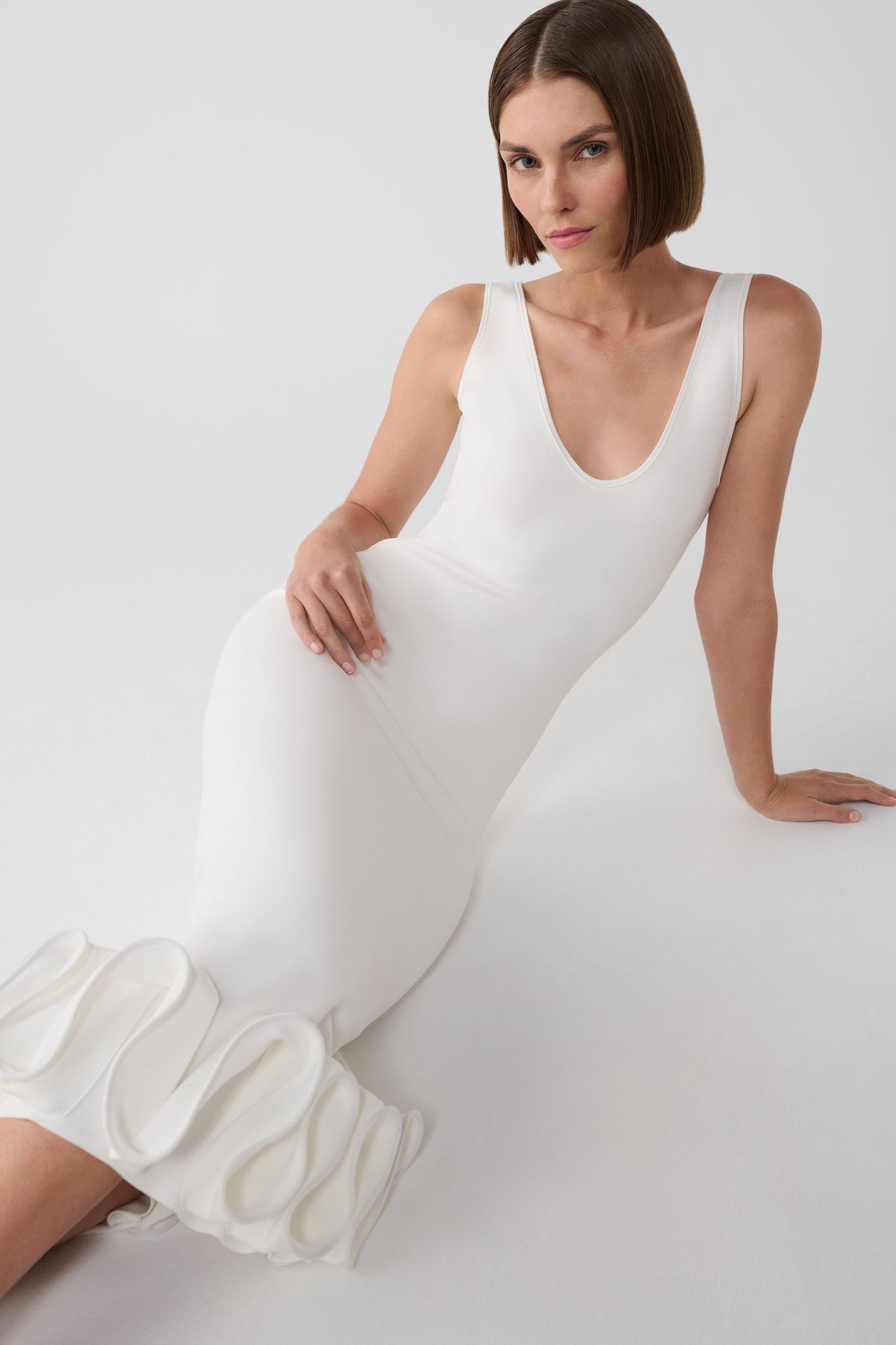 Wendy Wire Hem Knit Midi Dress - White