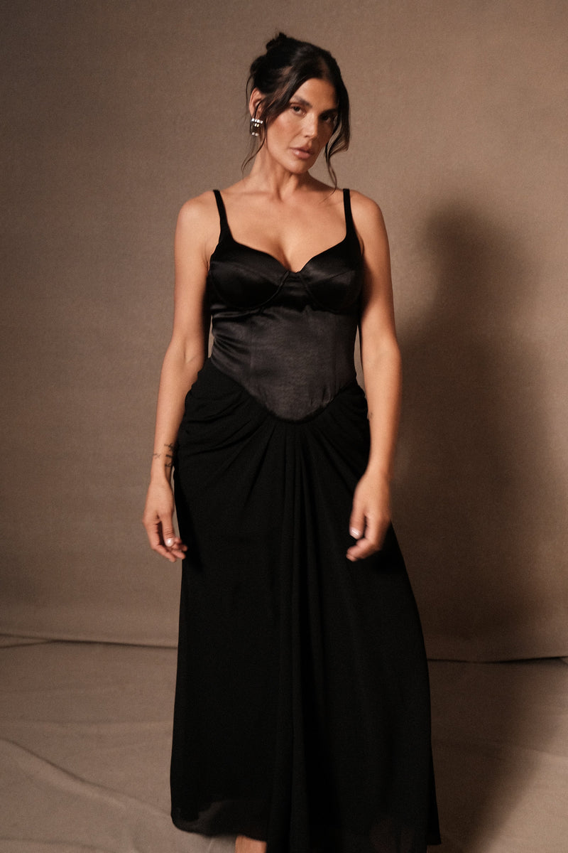 Leila Satin Corset Maxi Dress Black MESHKI U.S