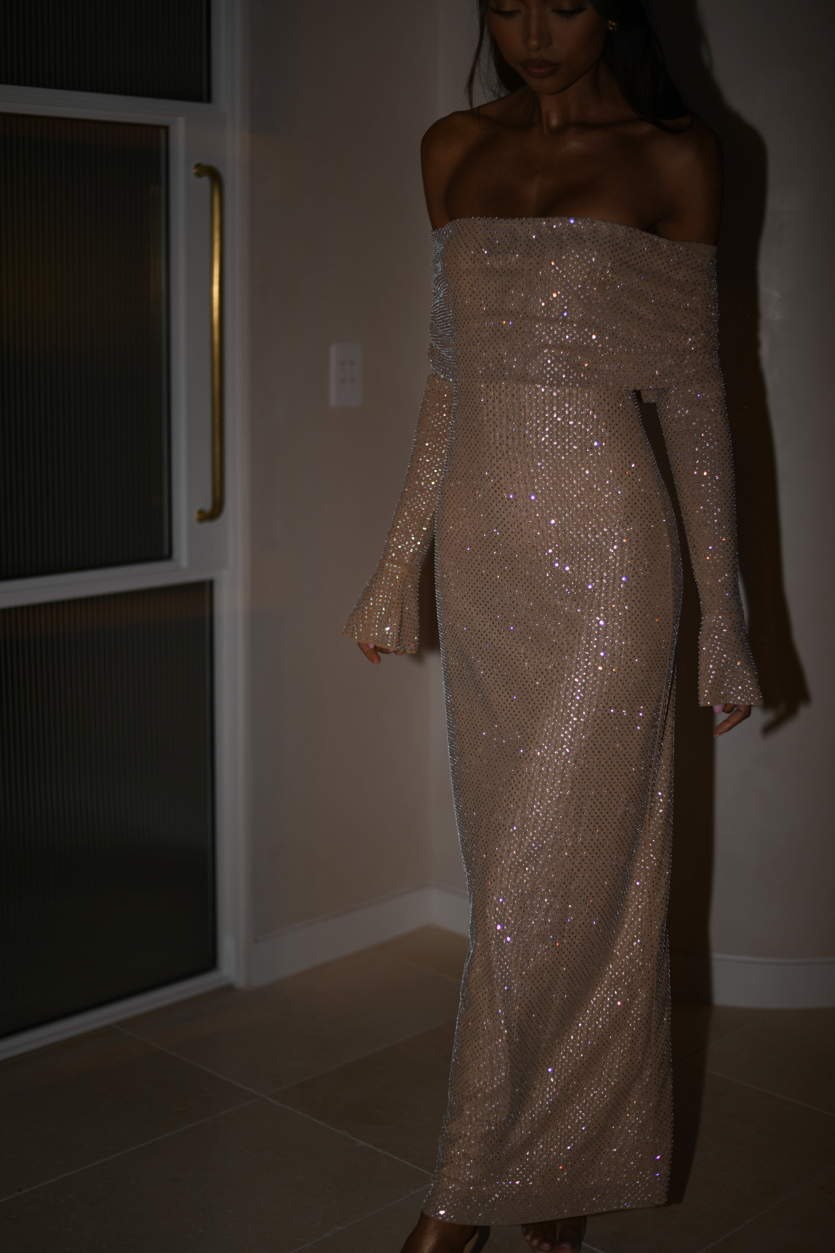 Marcel Off Shoulder Diamante Maxi Dress - Nude | MESHKI US Marcel Off Shoulder Diamante Maxi Dress - Nude | MESHKI US
