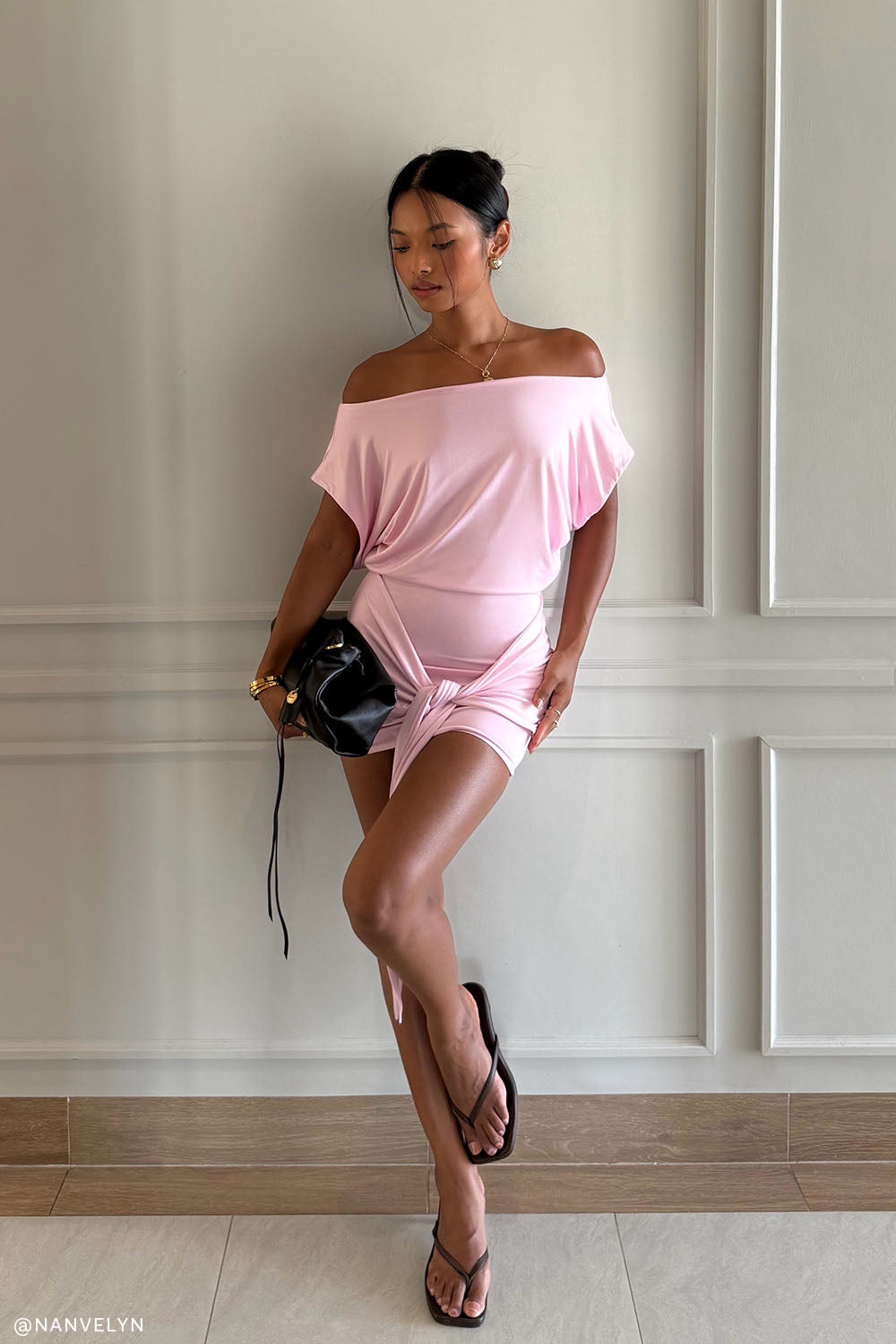 pink mini dress short sleeve Contrast Trim Cut Out Crepe Scoop Neck, Set The Bar Mini Dress in Light Pink, Size L,