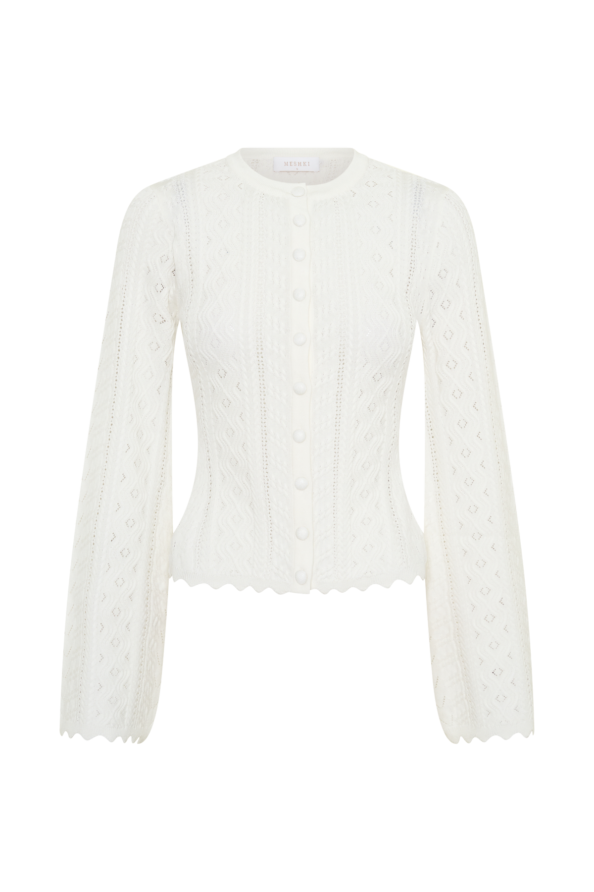 Darlene Pointelle Knit Long Sleeve Top - White