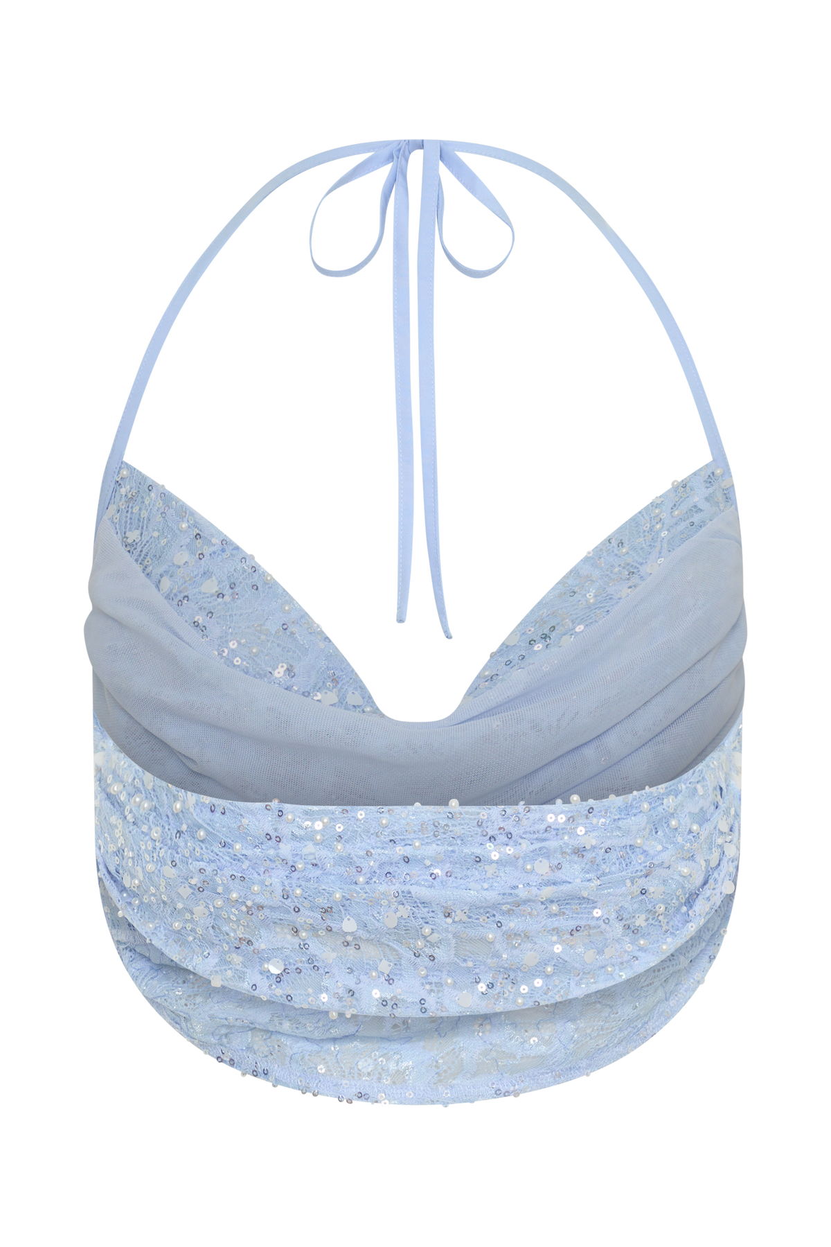 Kiara Pearl Beaded Cowl Crop Top - Powder Blue