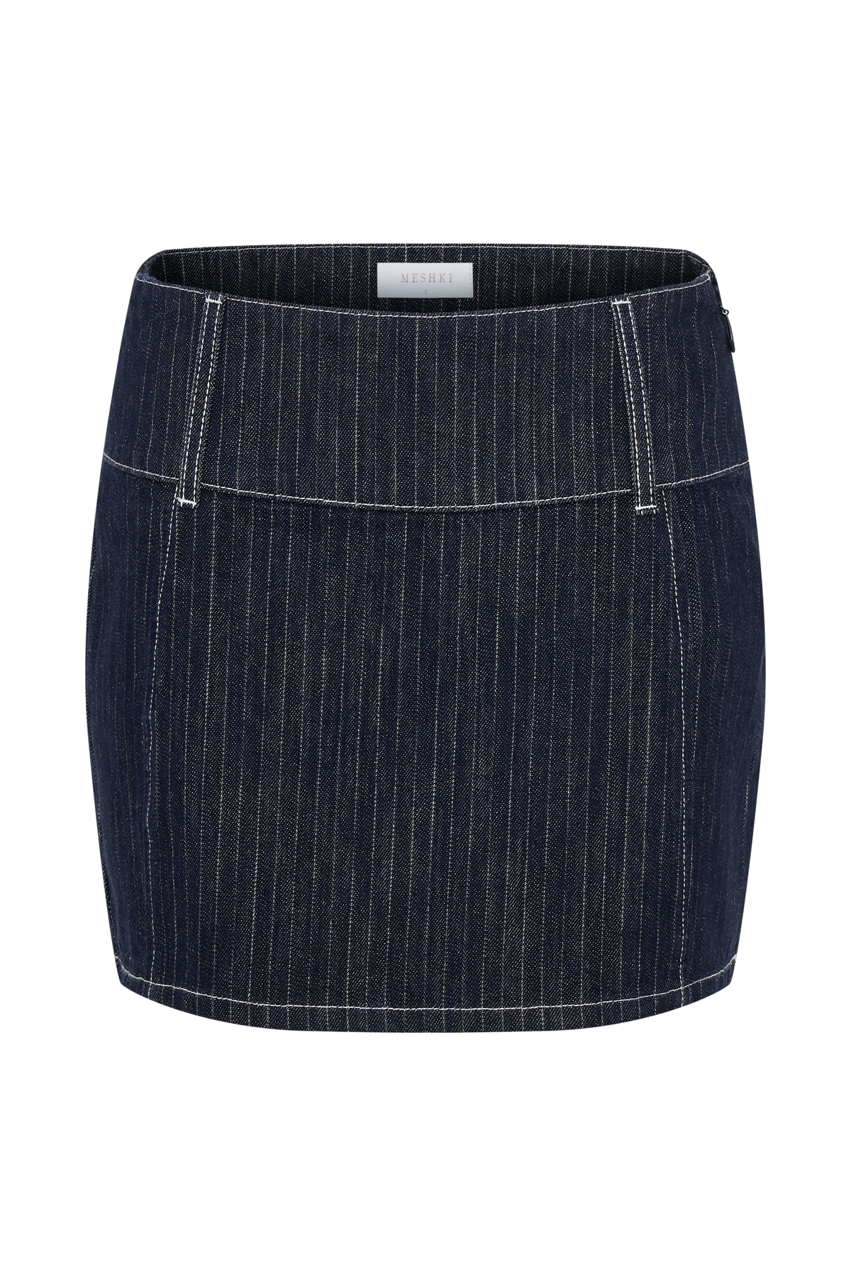 Loraine Mid Rise Denim Mini Skirt - Indigo Pinstripe