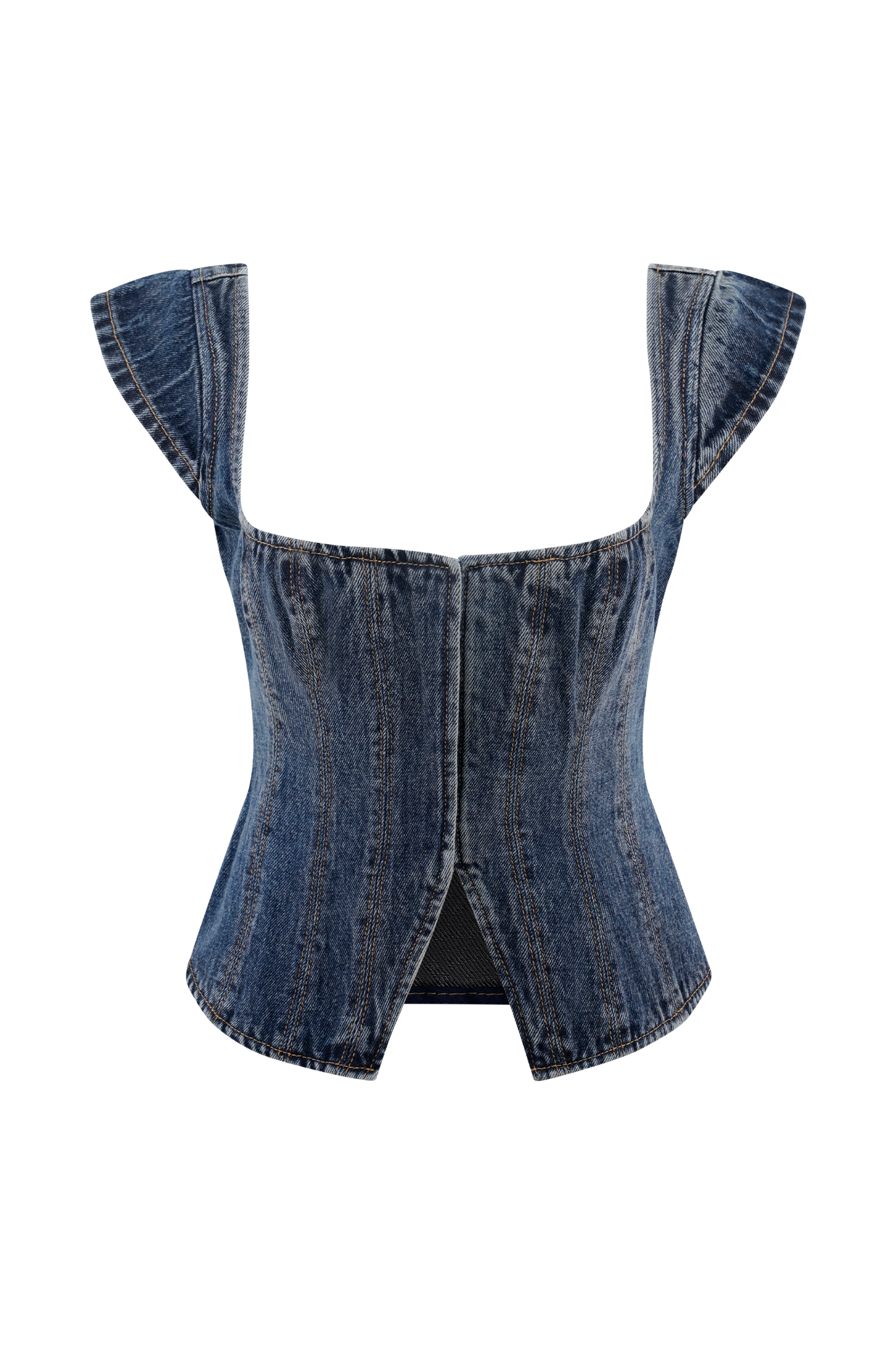 Loretta Cap Sleeve Denim Top - Washed Dark Blue