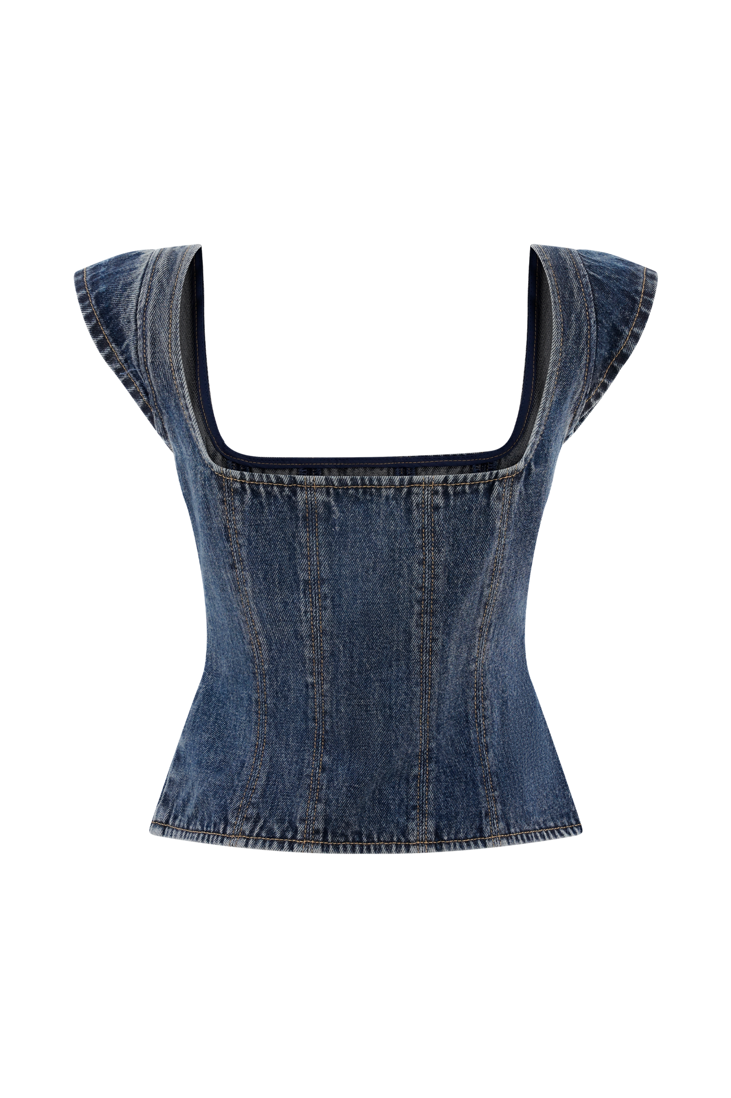 Loretta Cap Sleeve Denim Top - Washed Dark Blue