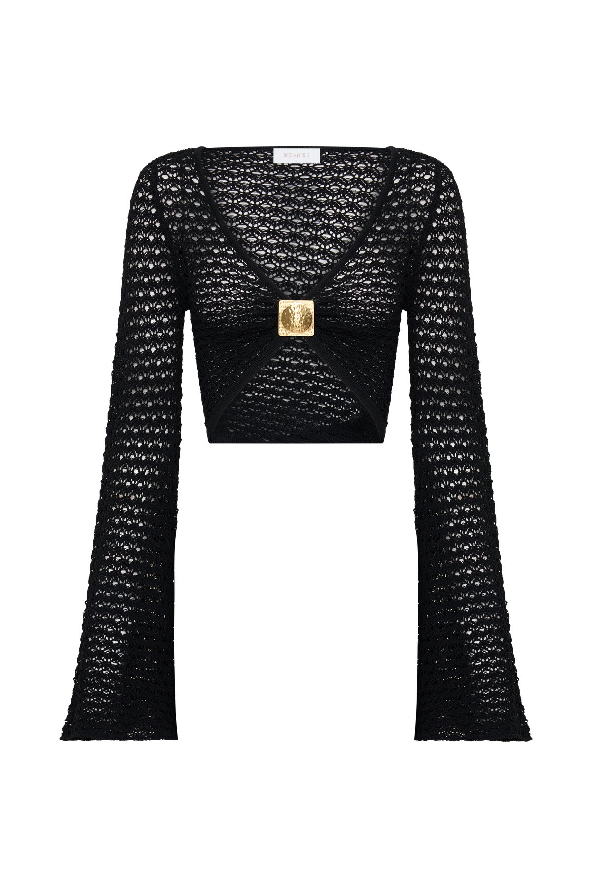 Mania Crochet Long Sleeve Cropped Top - Black