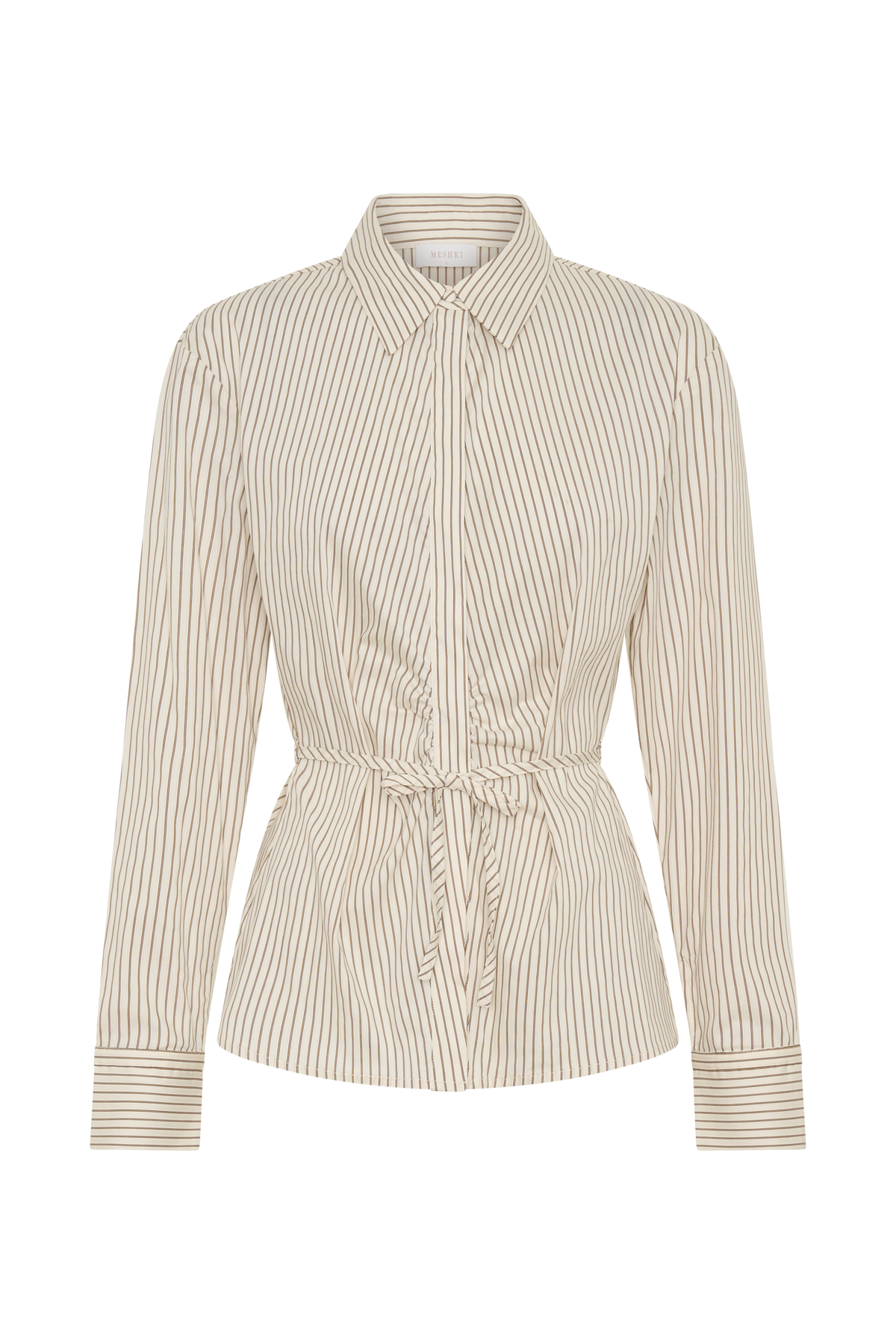 Millie Tie Back Cotton Shirt - Beige Pinstripe
