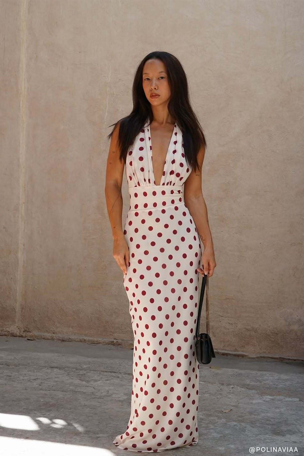 Nadine Halter Chiffon Maxi Dress / Ivory/Merlot Polka Dot | MESHKI