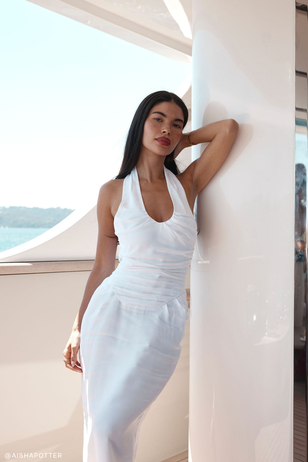 Daniela Ruched Halter Midi Dress / White | MESHKI