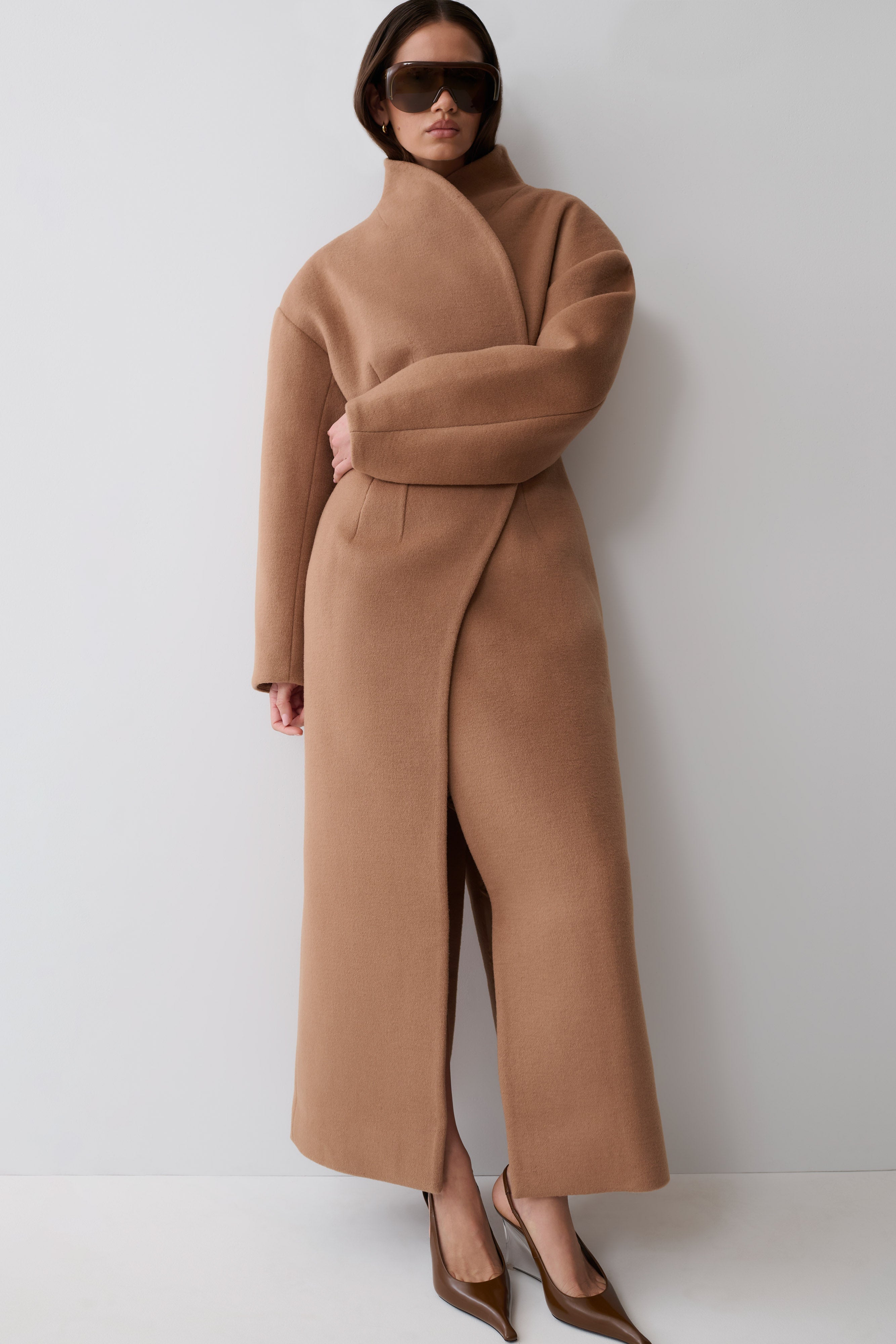 キャメル　CAMEL Andrea High Neck Wool Blend Coat - Camel | MESHKI US