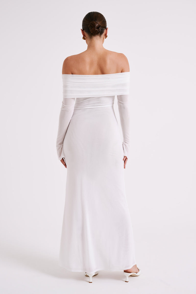 Long sleeve mesh off shoulder hollow out maxi dress