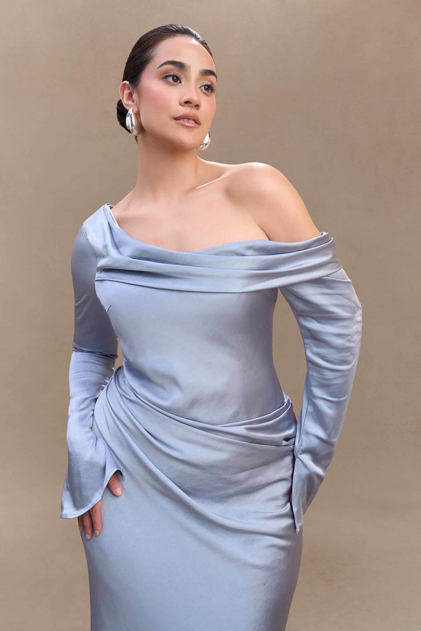Iris Long Sleeve Satin Maxi Dress - Frosted Blue