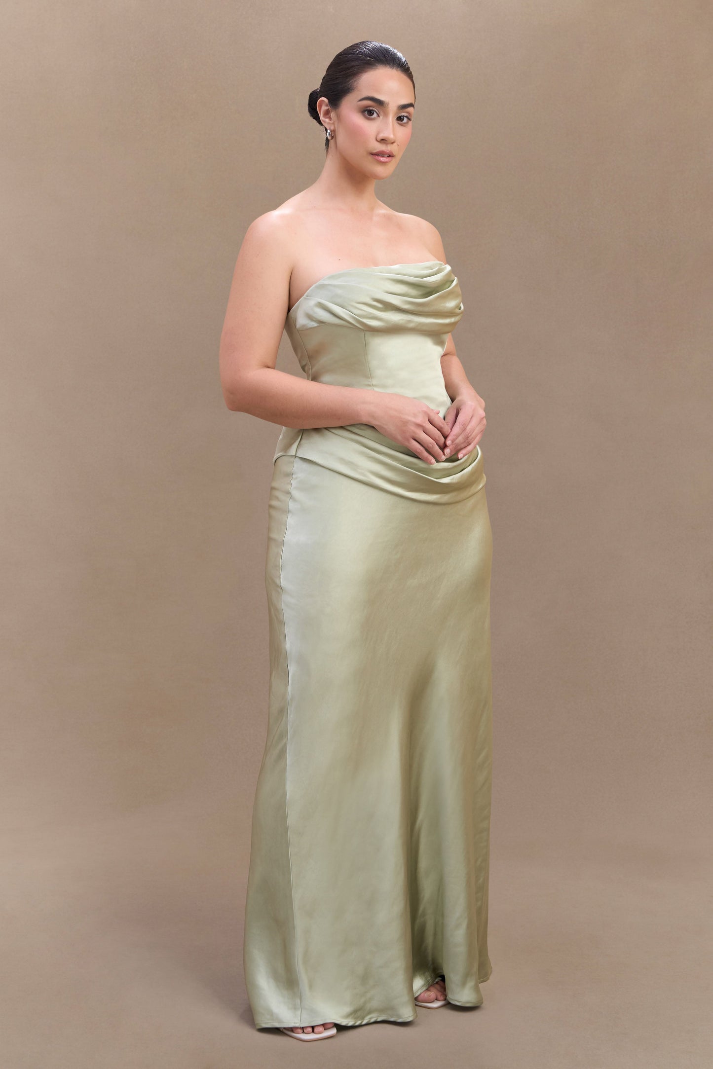 Jasmine Strapless Satin Maxi Dress - Sage