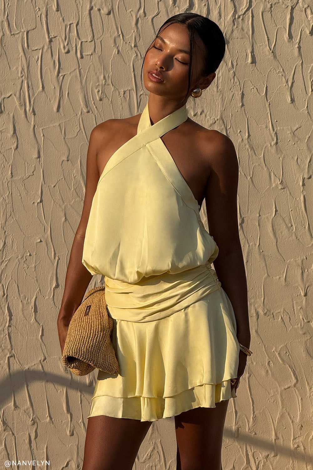 Poppy Satin Halter Mini Dress - Lemon | MESHKI US Poppy Satin Halter Mini Dress - Lemon | MESHKI US